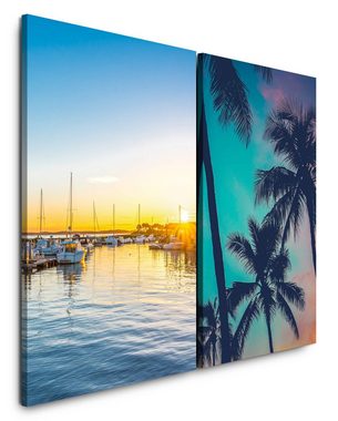 Sinus Art Leinwandbild 2 Bilder je 60x90cm Florida Miami Palmen Hafen Boote Sommer Paradies