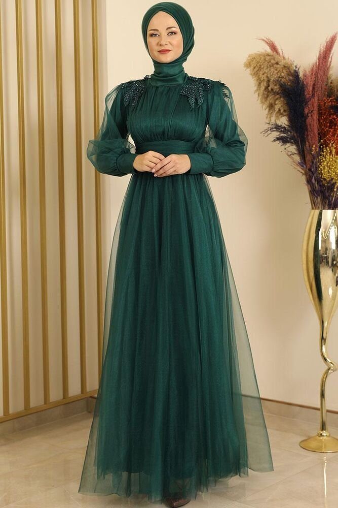 Modavitrini Tüllkleid Abendkleid mit Blumen Guipure-Details Abiye Abaya Hijab Kleid Smaragd-Grün