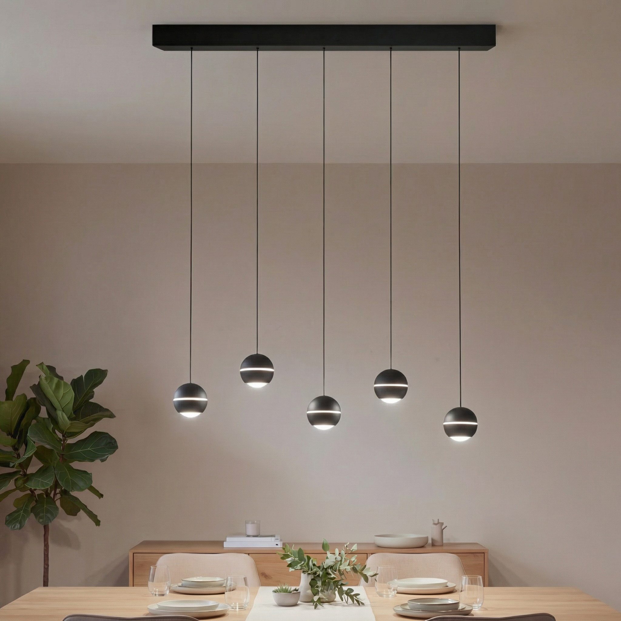 CASA DOMA LED Pendelleuchte Tavira, Metall, schwarze Deckenlampe für Esstisch, modern, dimmbar, LED fest integriert, Warmweiß, Soft-Lift-Höhenverstellung, aus Metall, Kugeln verstellbar