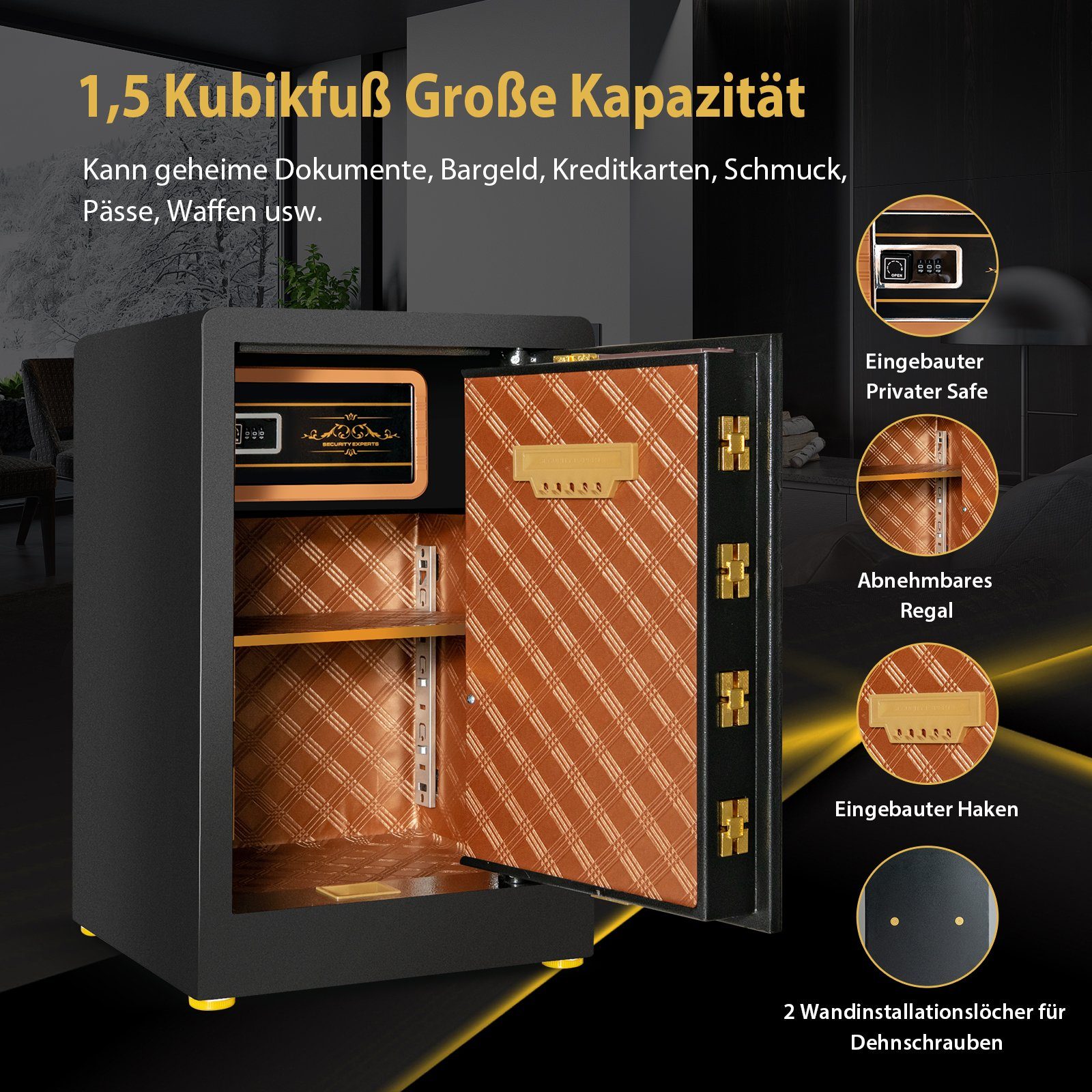 COSTWAY Tresor 42.5L, feuerfest Tresore für zu hause, Ganzstahl-Sicherheitsbox, 42,5L, Zahlenschloss, abschließbar, 37,5x36,5x59cm