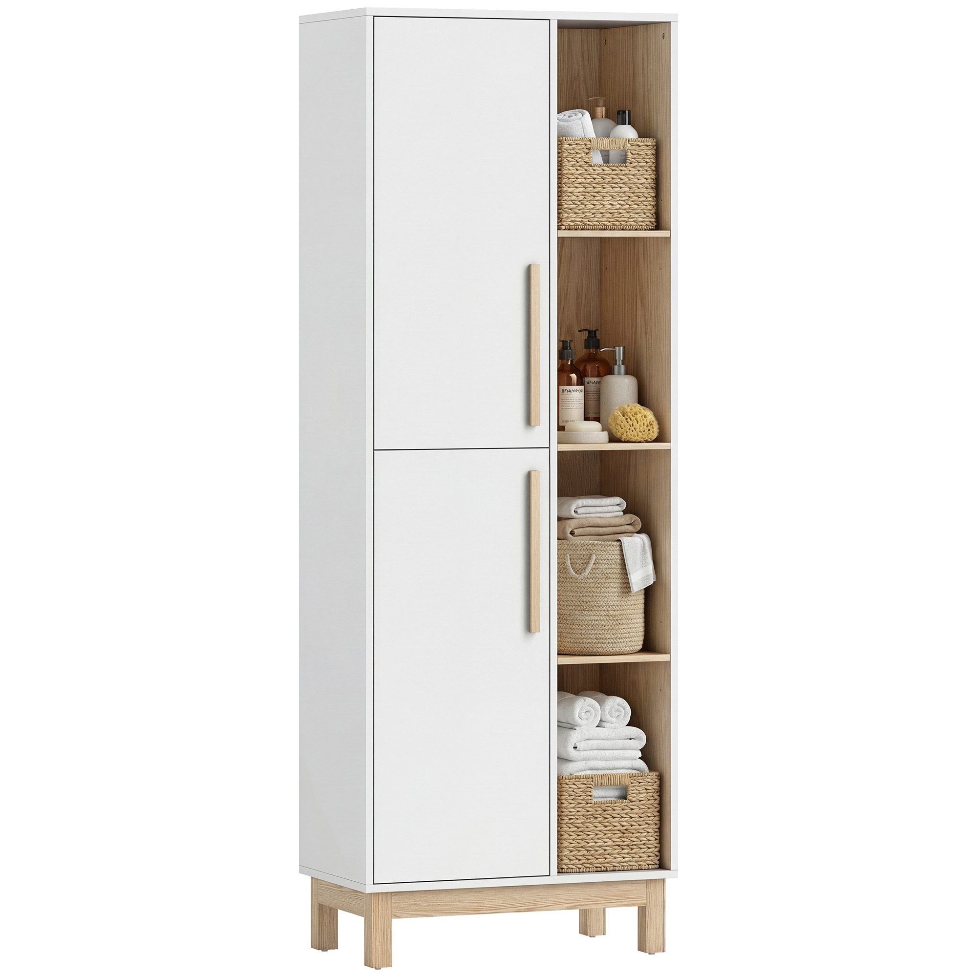 HOMCOM Badkommode Hochschrank, mit 2 Türen, verstellbaren Regalen, für Badezimmer (Badschrank, 1 St., Badezimmerschrank), für Wohnzimmer, Büro, Weiß+Naturholz