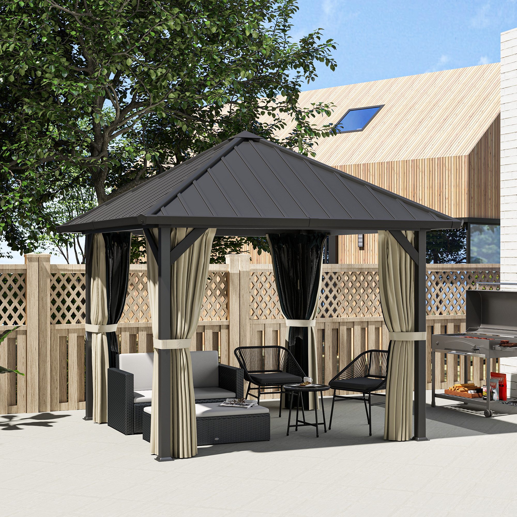 Outsunny Pavillon mit Hardtop, ca. 3x3 m, Wasserdicht Stabil Winterfest, mit 4 Seitenteilen, (Garten Pavillon, Gartenpavillon), mit Moskitonetz, Seitenteile, für Garten, Terrasse, Dunkelgrau