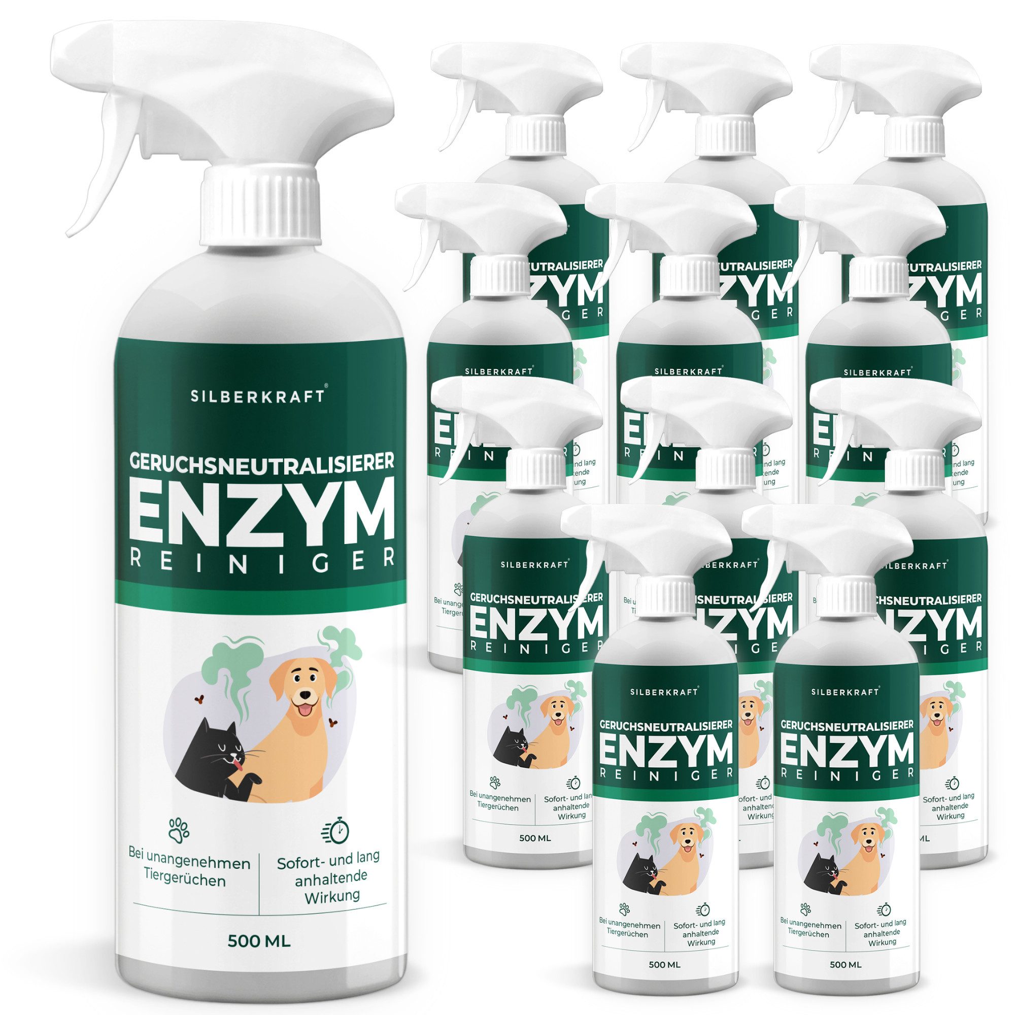 Silberkraft Geruchsentferner Silberkraft Enzymreiniger Spray, Starker Geruchsentferner, Lösung (12-St), Geruchsneutralisierer sofort wirksam ideal für Katzenklos & viel mehr