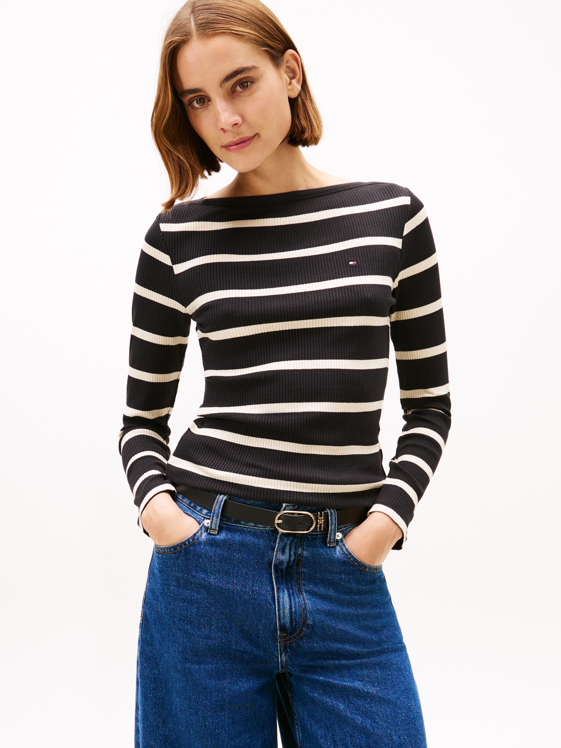 Tommy Hilfiger Langarmshirt SLIM 5X2 RIB BOAT-NK LS mit U-Boot Ausschnitt und Rippstruktur unifarben, casual, slim fit, Viskosemix, U-Boot-Ausschnitt