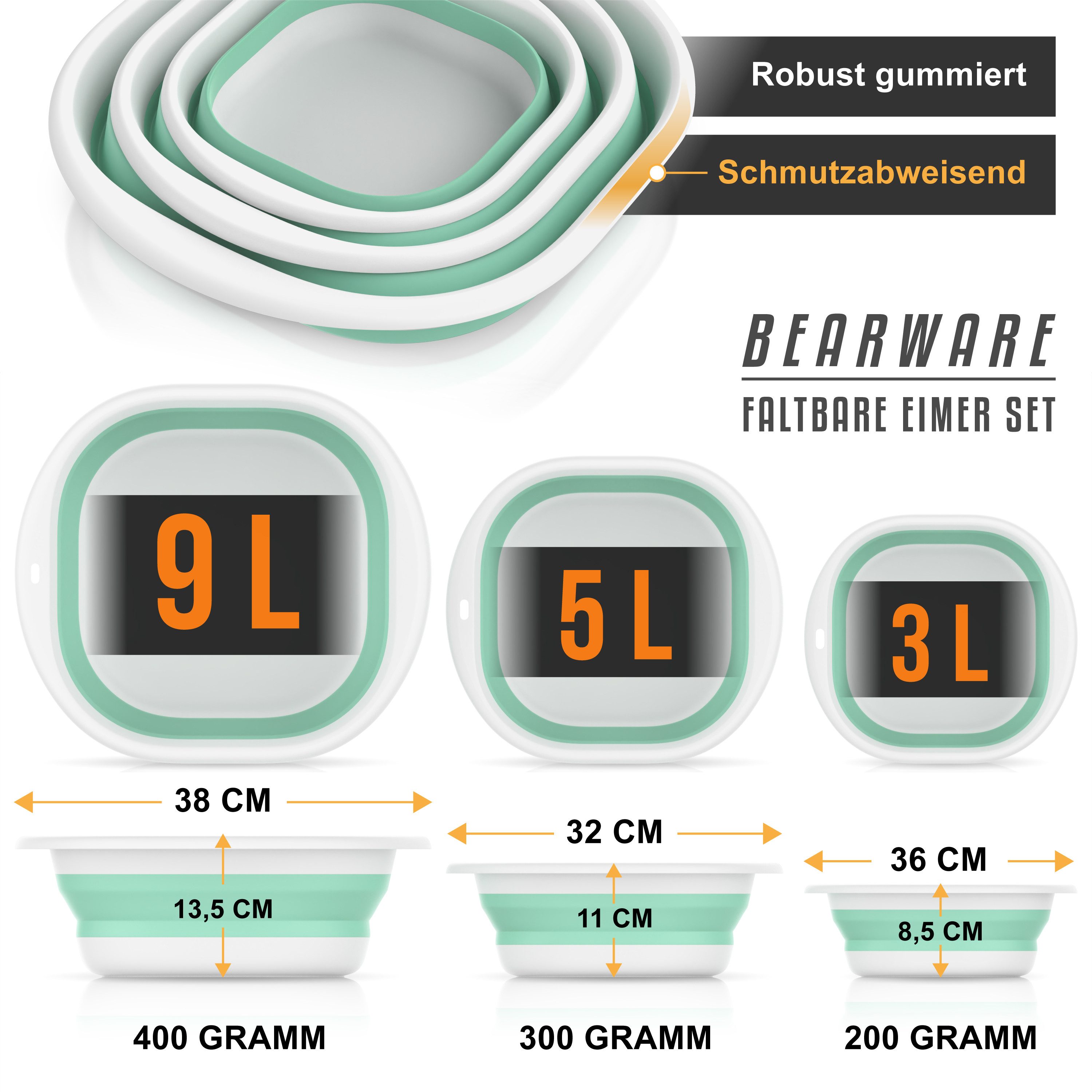 BEARWARE Schüssel Faltbares Waschbecken-Set, 3-tlg. (3 l + 5 l + 9 l), Waschschüssel, (Set, 3-tlg), wasserdicht, platzsparend verstaubar, mit Aufhängeöse, für H – Bild 2 von 5