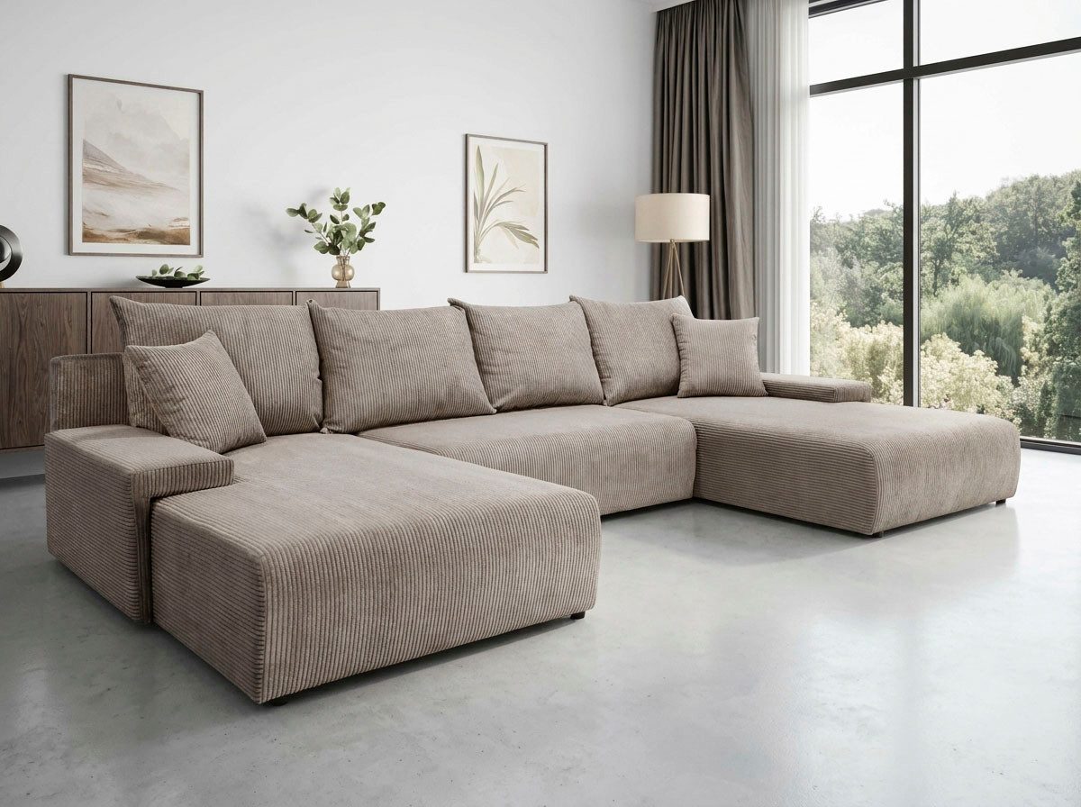 WERK2 Wohnlandschaft Amalfi, B/T: 348/188 cm, in Cord mit Schlaffunktion & Bettkasten, modernes XXL Design, U-Form