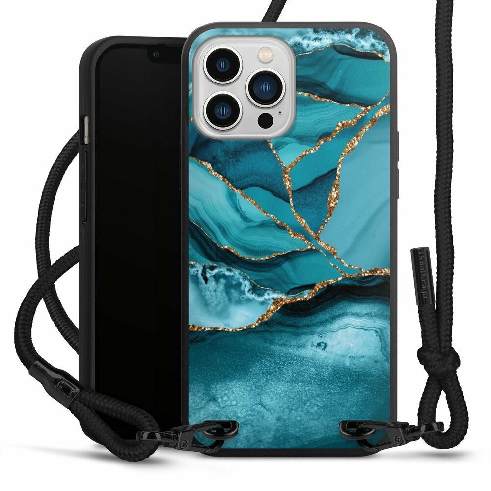 DeinDesign Handyhülle Edelstein Glitzer Look Marmor Eisblaue Marmor  Landschaft, Apple iPhone 13 Pro Max Premium Handykette Hülle mit Band