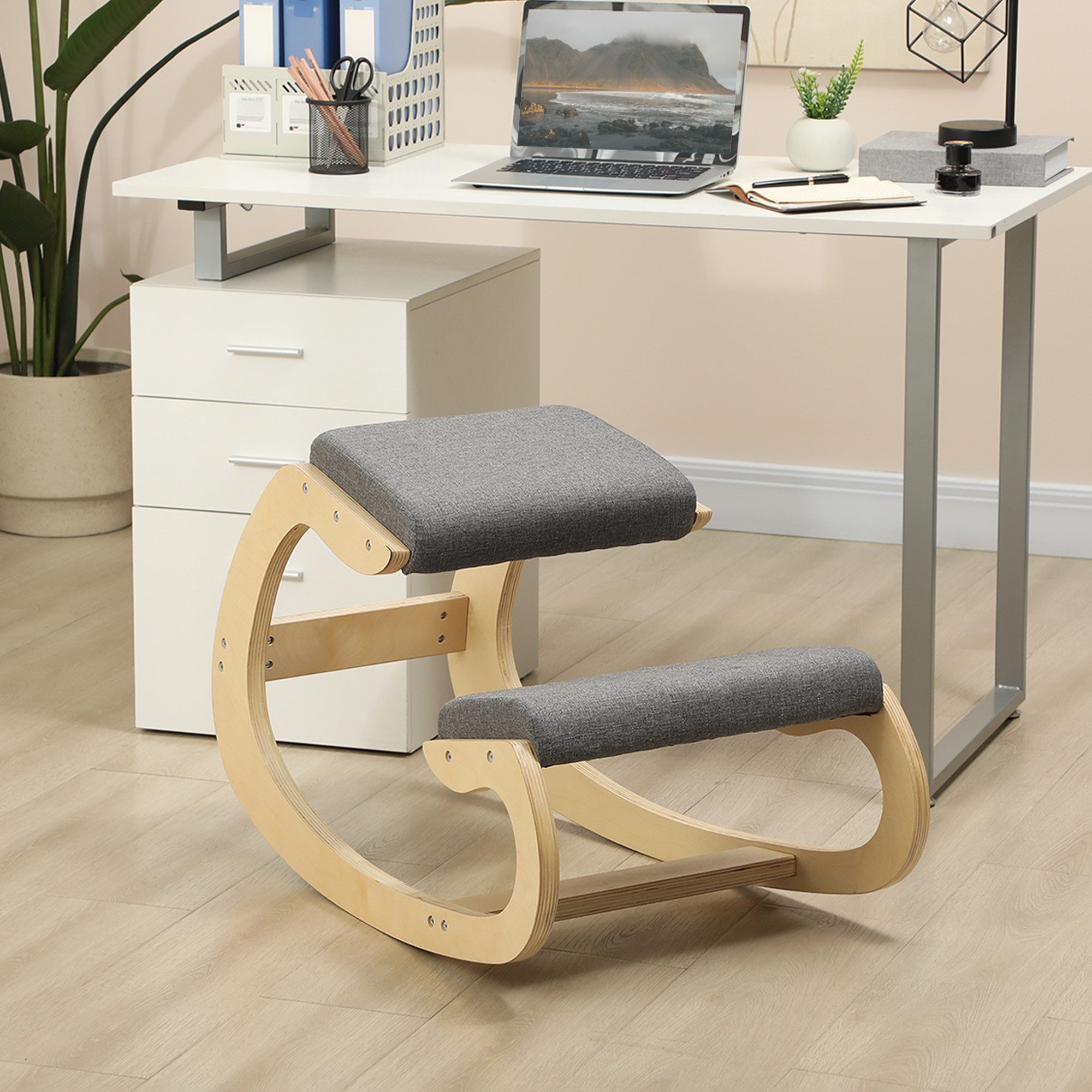 HOMCOM Stuhl Kniestuhl Ergonomisch, Kniestuhl aus Holz, Gesundheitsstuhl (Schreibtischstuhl, 1 St), für Homeoffice, zur Verbesserung der Körperhaltung, Grau