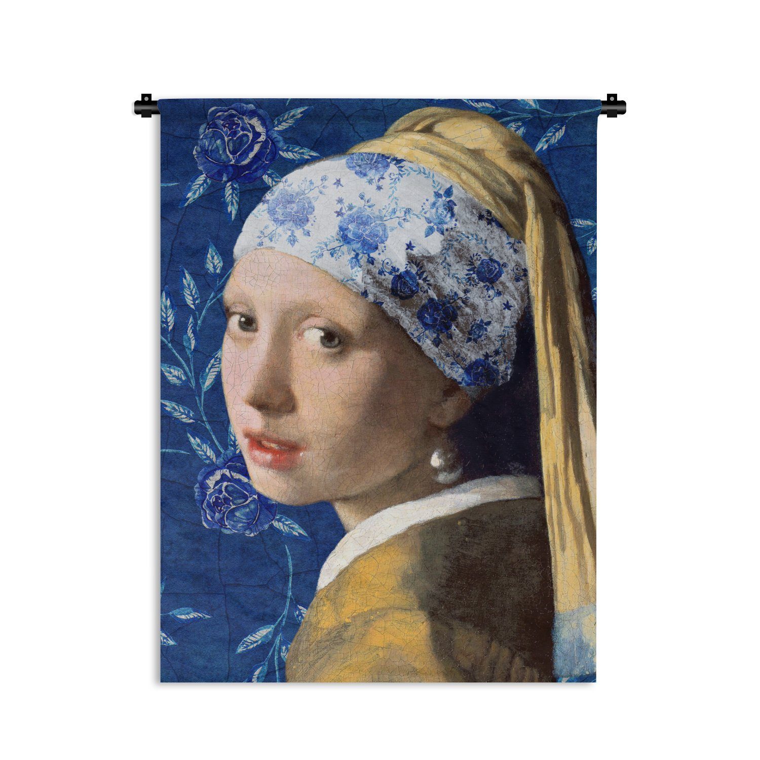 MuchoWow Wanddekoobjekt Mädchen mit Perlenohrring - Delfter Blau - Vermeer - Blumen - Gemälde, Deko für an der Wand, Wohnzimmer, Tapisserie, Schlafzimmer