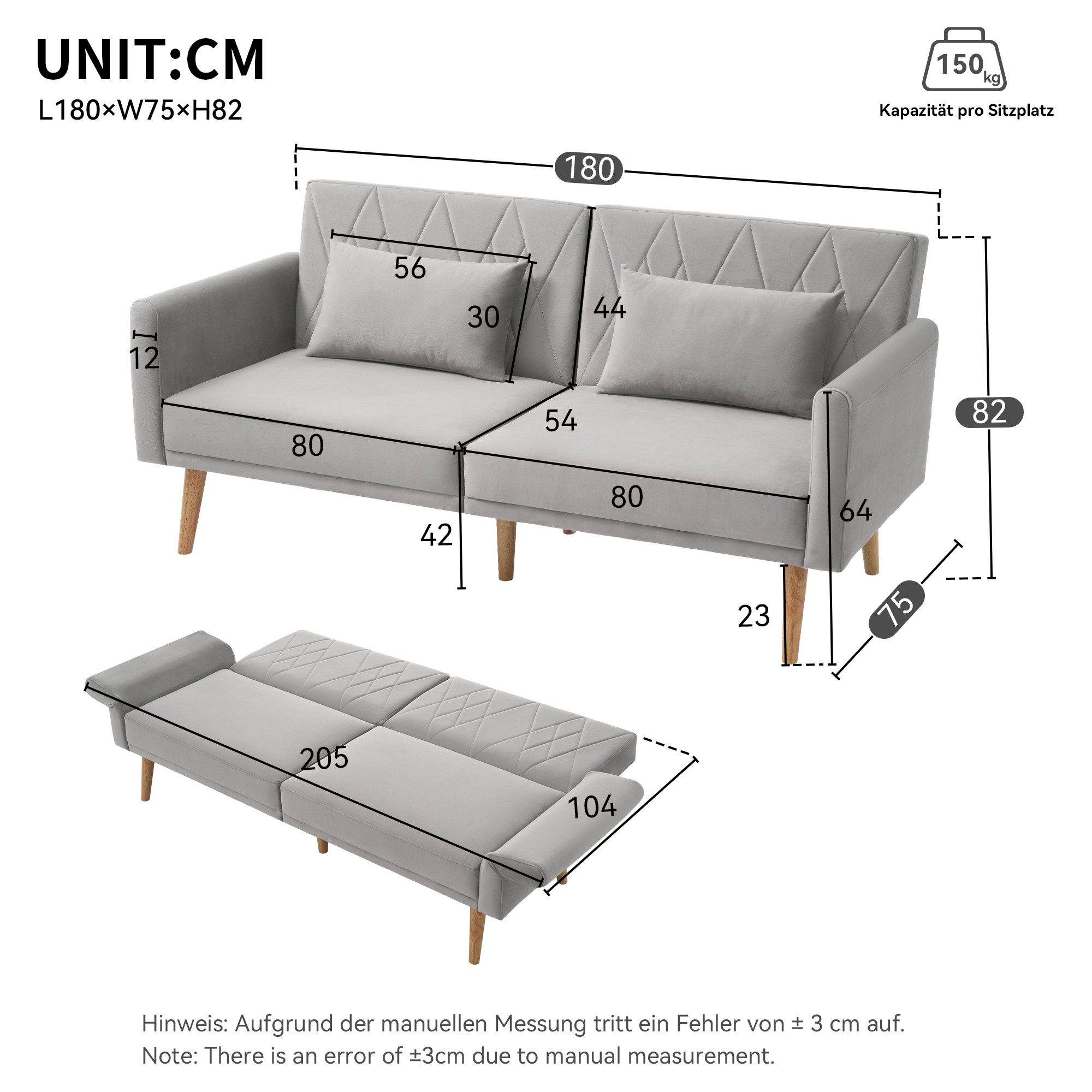 Merax Schlafsofa klappbar Zweisitzer-Sofa mit Schlaffunktion, Doppelsofa aus Samtstoff, 1 Teile, Polstersofa mit verstellbarer Rückenlehne & Armlehnen, inkl. Kissen