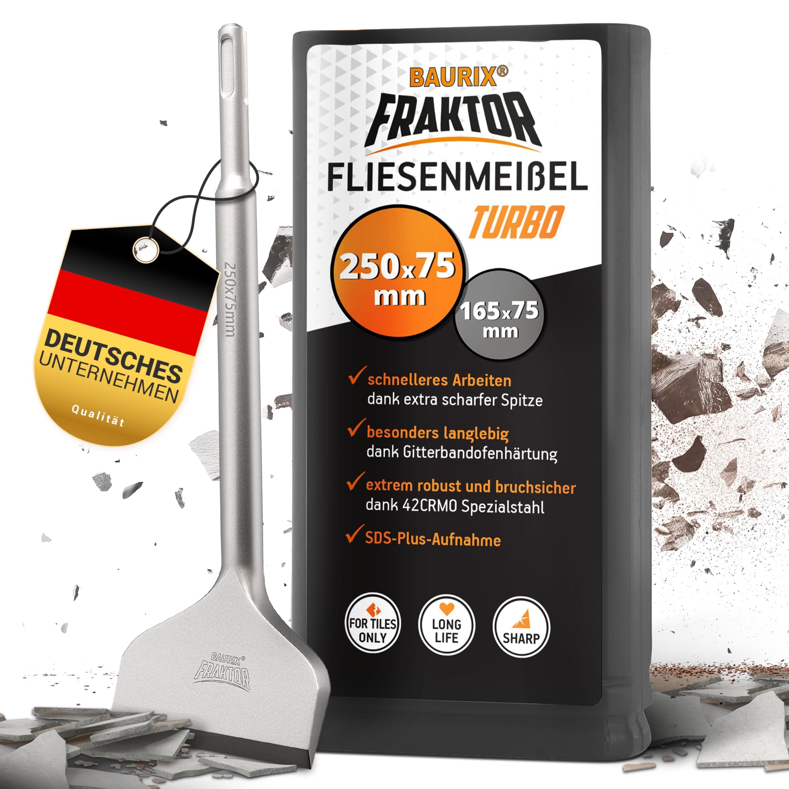 BAURIX Flachmeißel SDS Plus Meißel I FRAKTOR®-System - Mühelos Fliesen entfernen, 250 in mm, für SDS Plus, (Abgewinkelter Flachmeißel breit für Fliesen und Fliesenkleber) I 42CrMo-Spezialstahl
