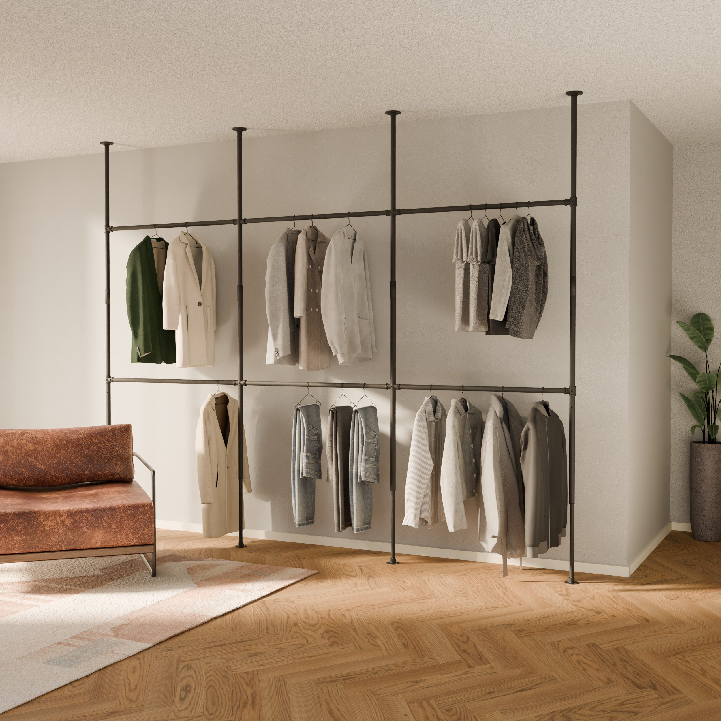pamo. design Kleiderständer Garderobe LOFT, offener Kleiderschrank, höhenverstellbar, zum Klemmen, (Set, 1), Teleskop Kleiderstange für Kleider, Jacken & Mäntel