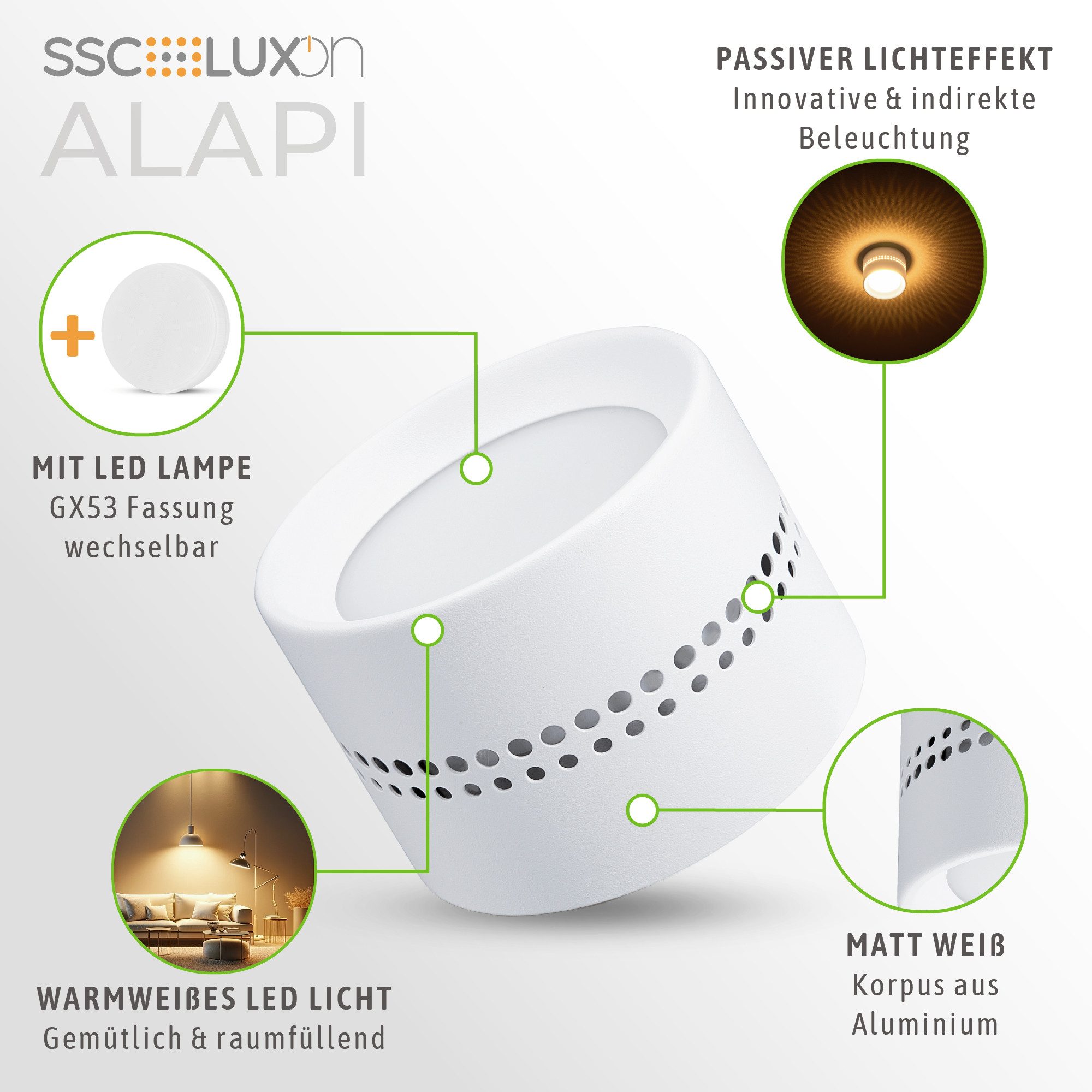 SSC-LUXon LED Aufbaustrahler ALAPI Deckenspot weiß rund mit. 6W LED dimmbar GX53 warmweiß, Warmweiß