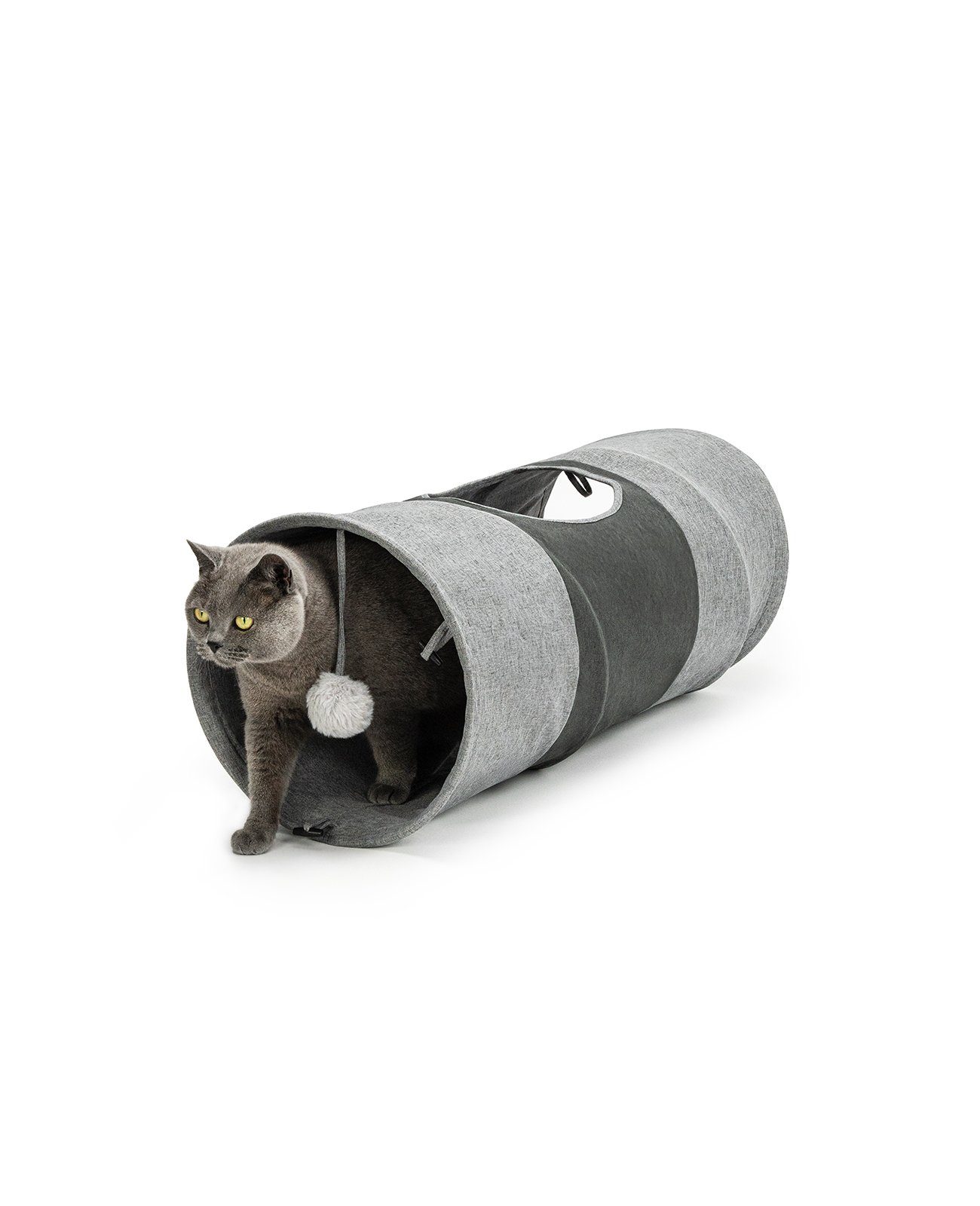 lionto Agility-Tunnel für Katzen, Spieltunnel erweiterbar & platzsparend, grau, Faux-Linen, faltbar (1-tlg) hochwertiger Katzentunnel mit Spielball