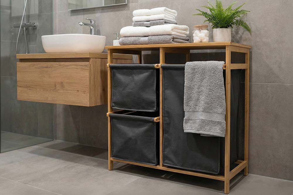 riess-ambiente Wäschekorb LAGOON SPA 70cm natur/grau – Bambus-Massivholz, 3 Wäschebeutel, FSC (Einzelartikel, 1 St), Wäschesammler mit ausziehbaren Säcken – ideal für vorsortierte Wäsche