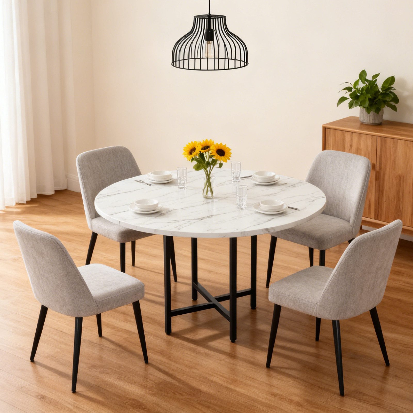 PEALOV Esstisch rund, Ø 120 cm, für 4–6 Personen, Marmoroptik, Metallgestell Schwarz (1-St), höhenverstellbar