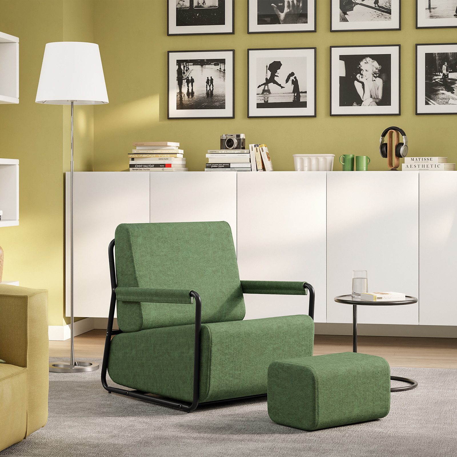 SoBuy Sessel FST99, Relaxsessel mit Schlaffunktion, Hocker integriert (1er Set), Grün, strukturiertes Stoffgewebe, verstellbare Rückenlehne