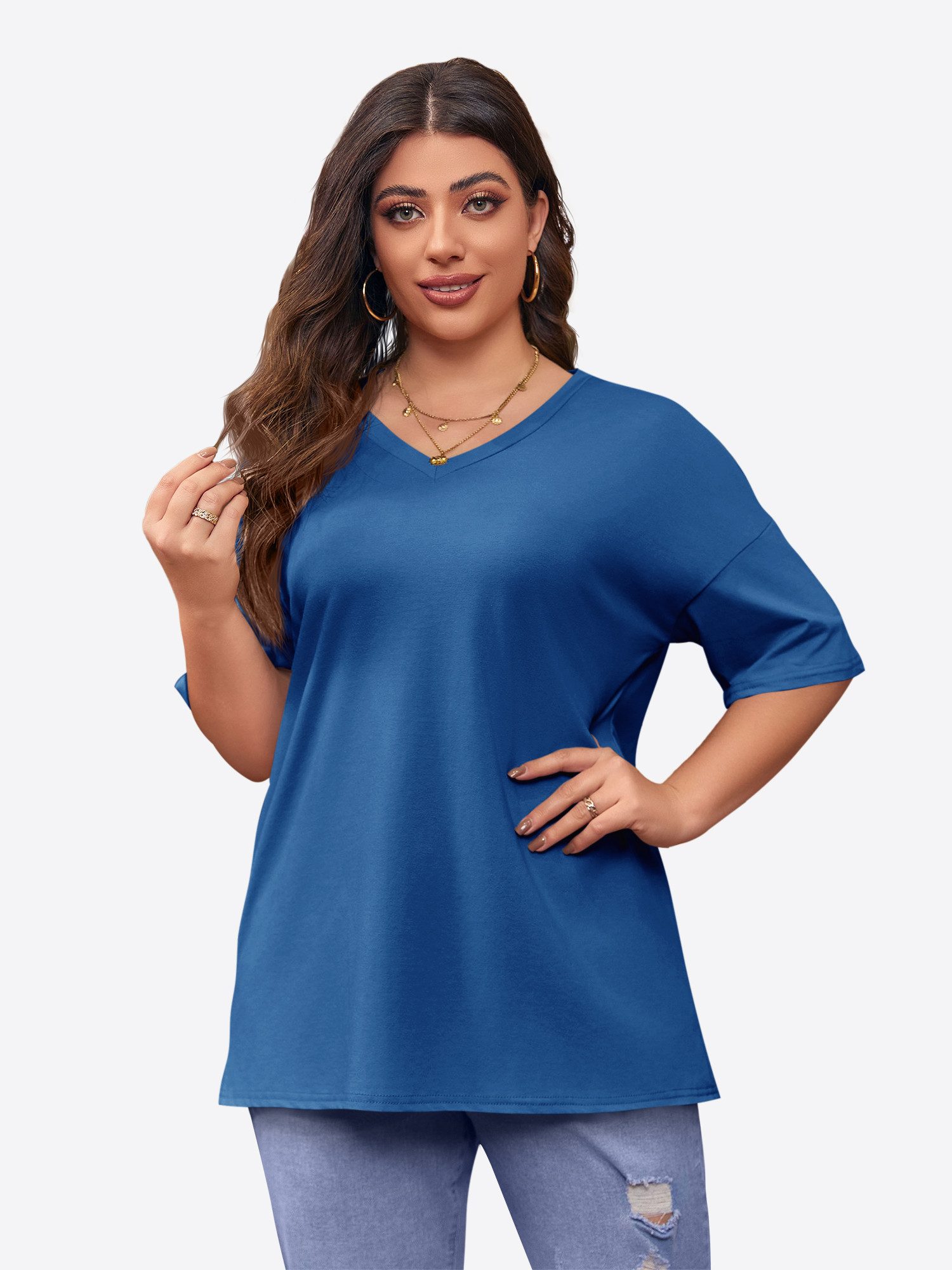 Imily Bela T-Shirt Damen Lockeres V-Ausschnitt Halbarm Loose Basic (Packung, 1-tlg., 1per-Pack) in Unifarbe
