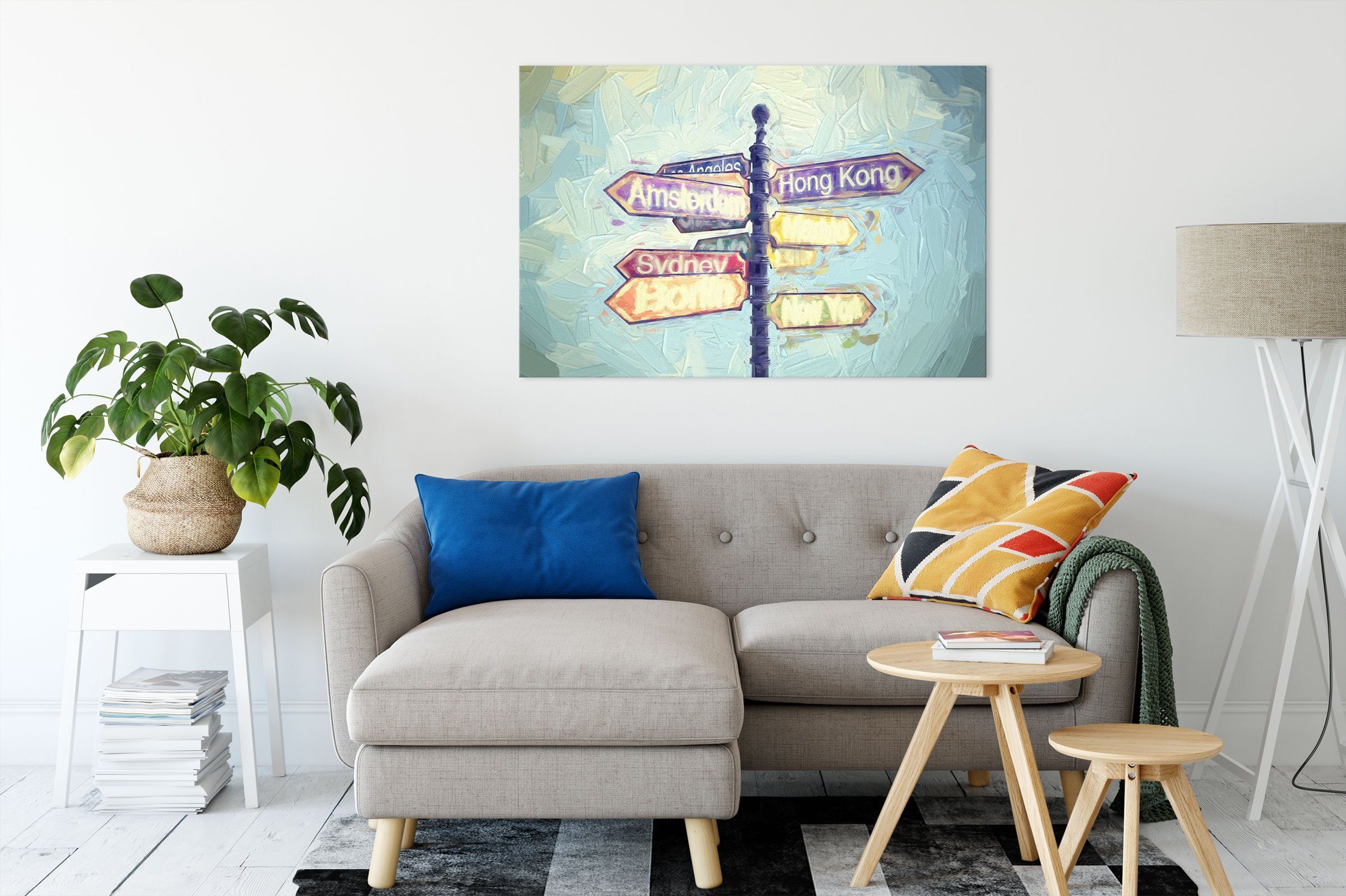 Pixxprint Leinwandbild Städte Wegweiser Kunst, Städte Wegweiser Kunst (1 St), Leinwandbild fertig bespannt, inkl. Zackenaufhänger