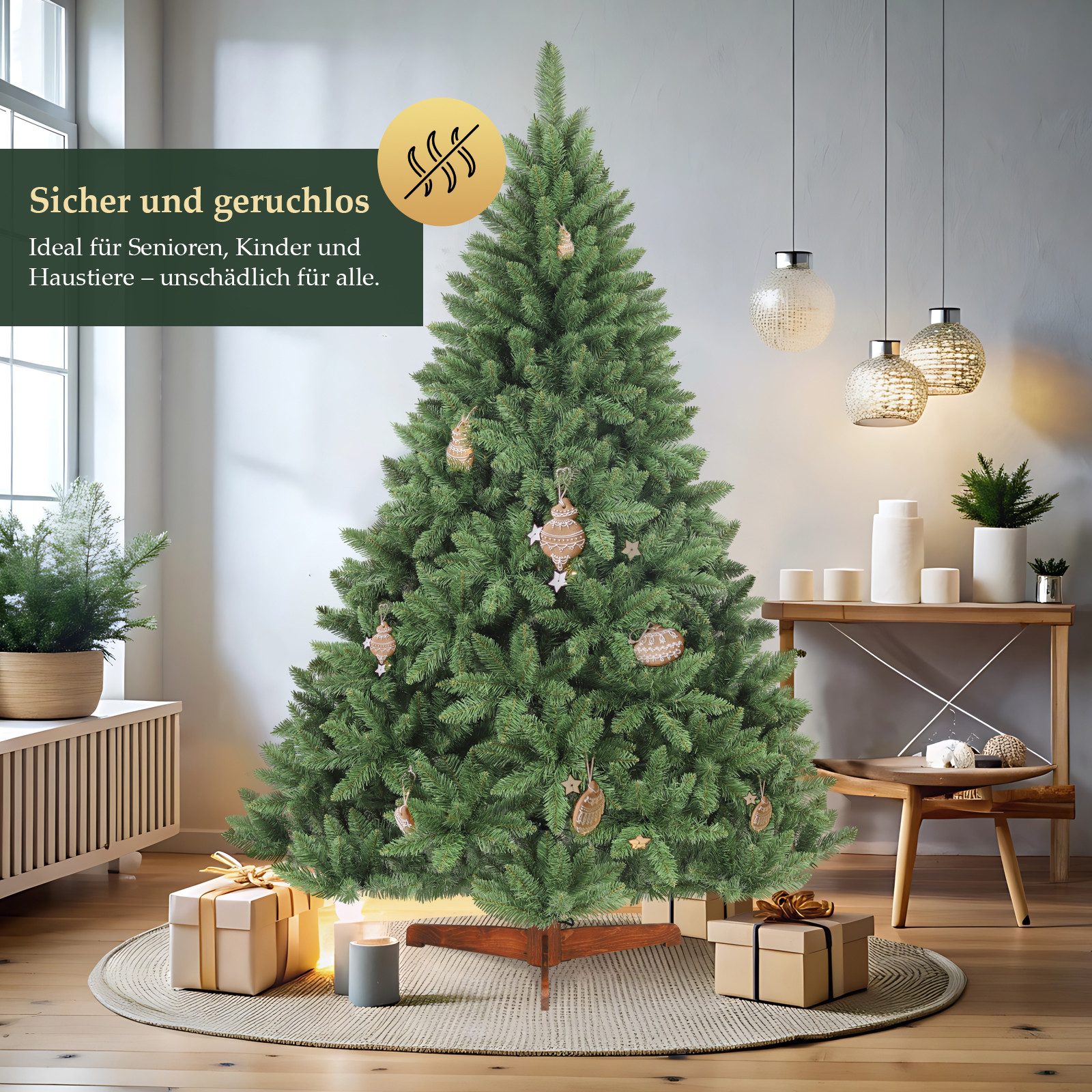 Salcar Künstlicher Weihnachtsbaum Künstlicher Tannenbaum mit natürlichen Zweigfarben und Echtholzständer, Nordmanntanne, 180 cm mit 730 Zweigen