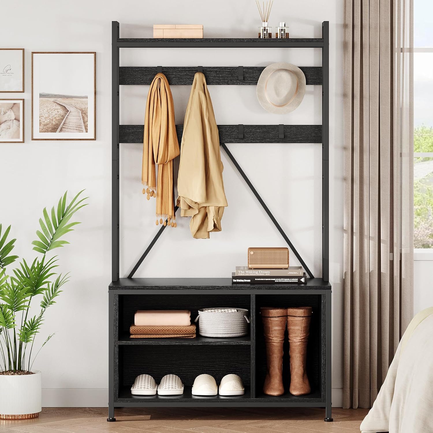 GarveeMore Garderobenständer 5-in-1 mit Schuhbank,3 Etagen Ablage und 8 Haken,178cm, mit Schuhschrank,verstellbare Füße,für Flure,Wohnzimmer,93x35x178cm – Bild 3 von 5