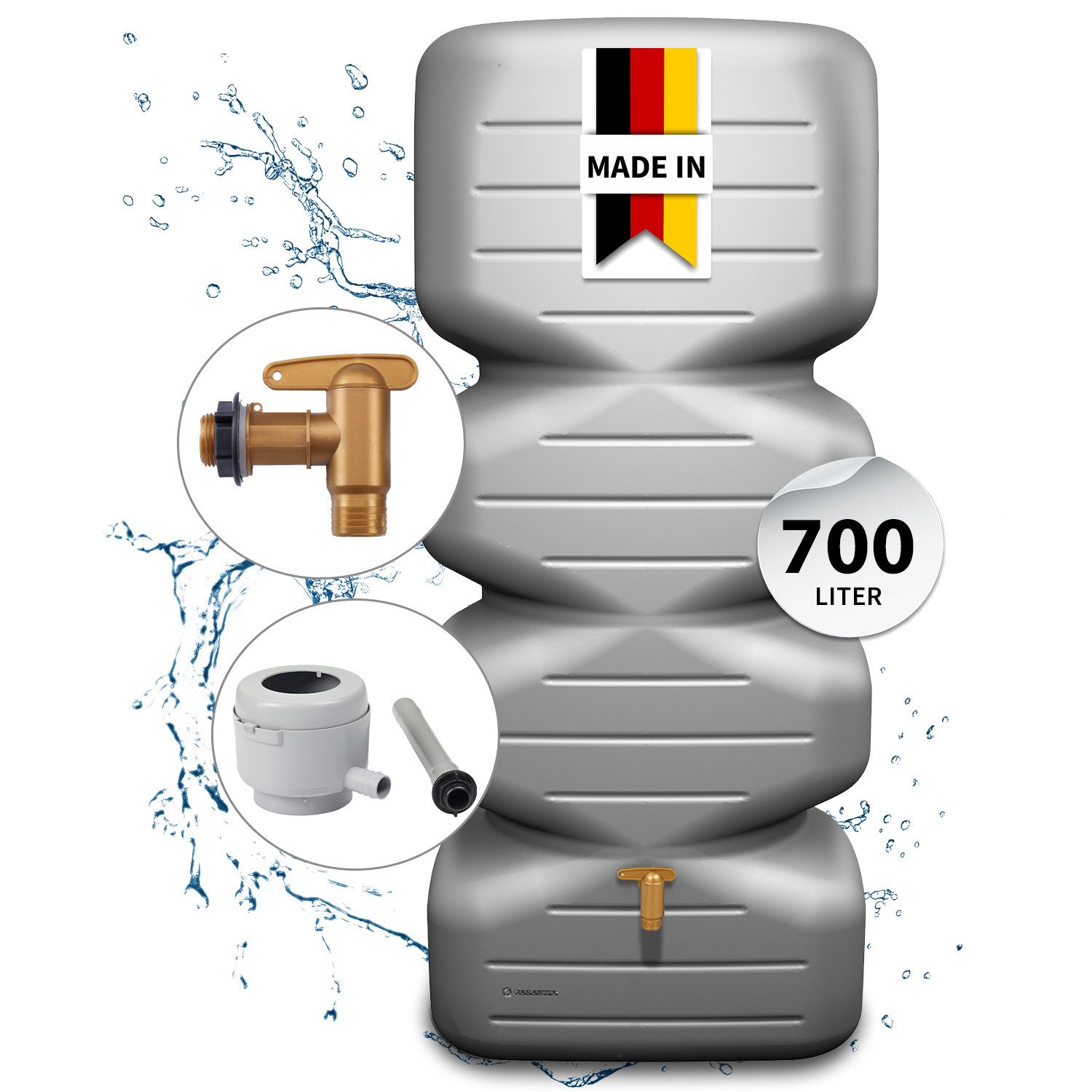 GARANTIA Regentonne CUBUS Gartentank Komplett-Set 700 L, betongrau