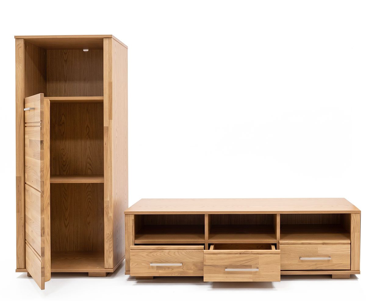 Feldmann-Wohnen Wohnwand Sandra, (1 Lowboard, 1 Stauraumschrank, 2-St., moderne Optik, 2-teilig, Füße und Front aus Massivholz), 2-teilig Eiche Natur Teilmassiv