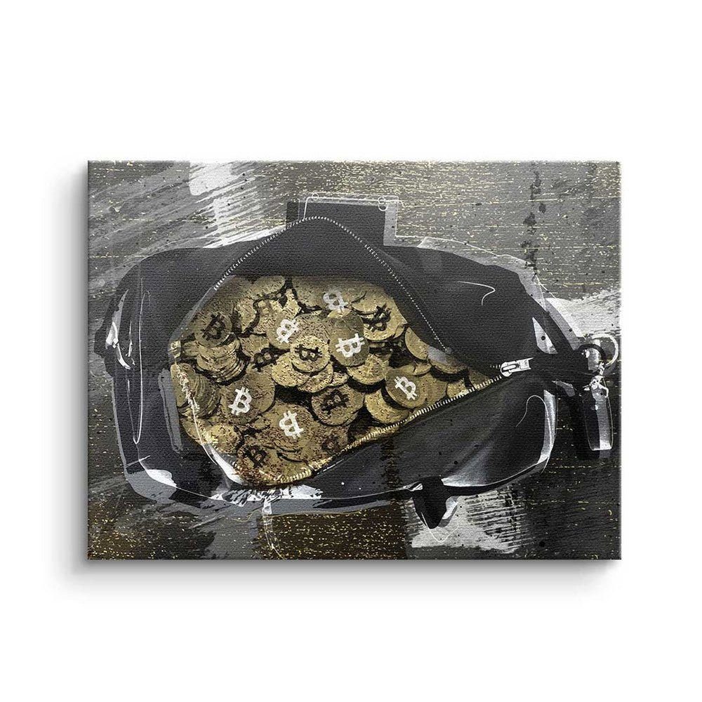 DOTCOMCANVAS® Leinwandbild Bitcoin Bag, Premium - - silberner Bag Leinwandbild - Trading Rahmen Motivation Bitcoin Crypto 