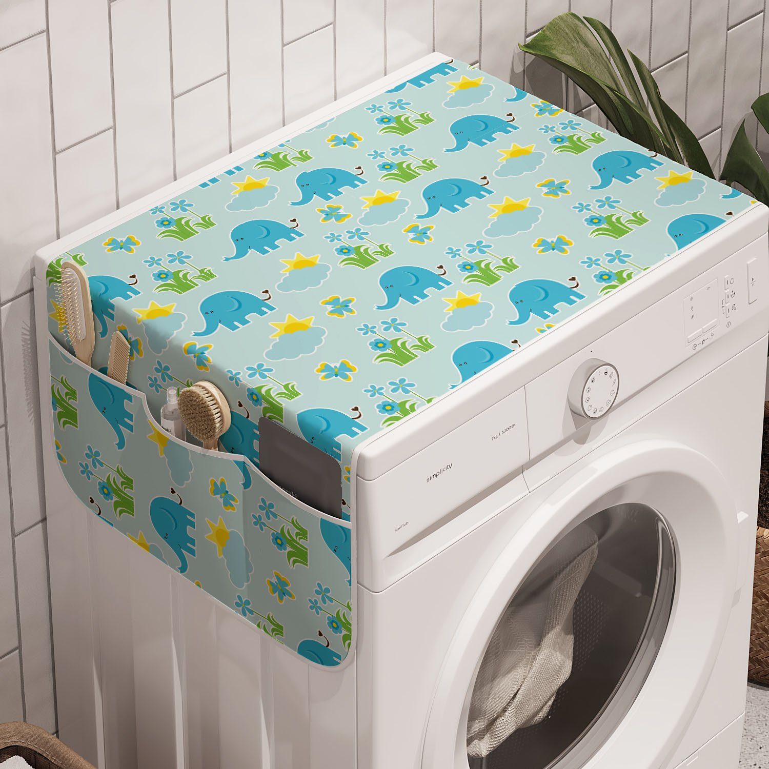Lustige Abakuhaus und Trockner, Waschmaschine Badorganizer Elefanten Kindergarten Sommer blaue Anti-Rutsch-Stoffabdeckung für
