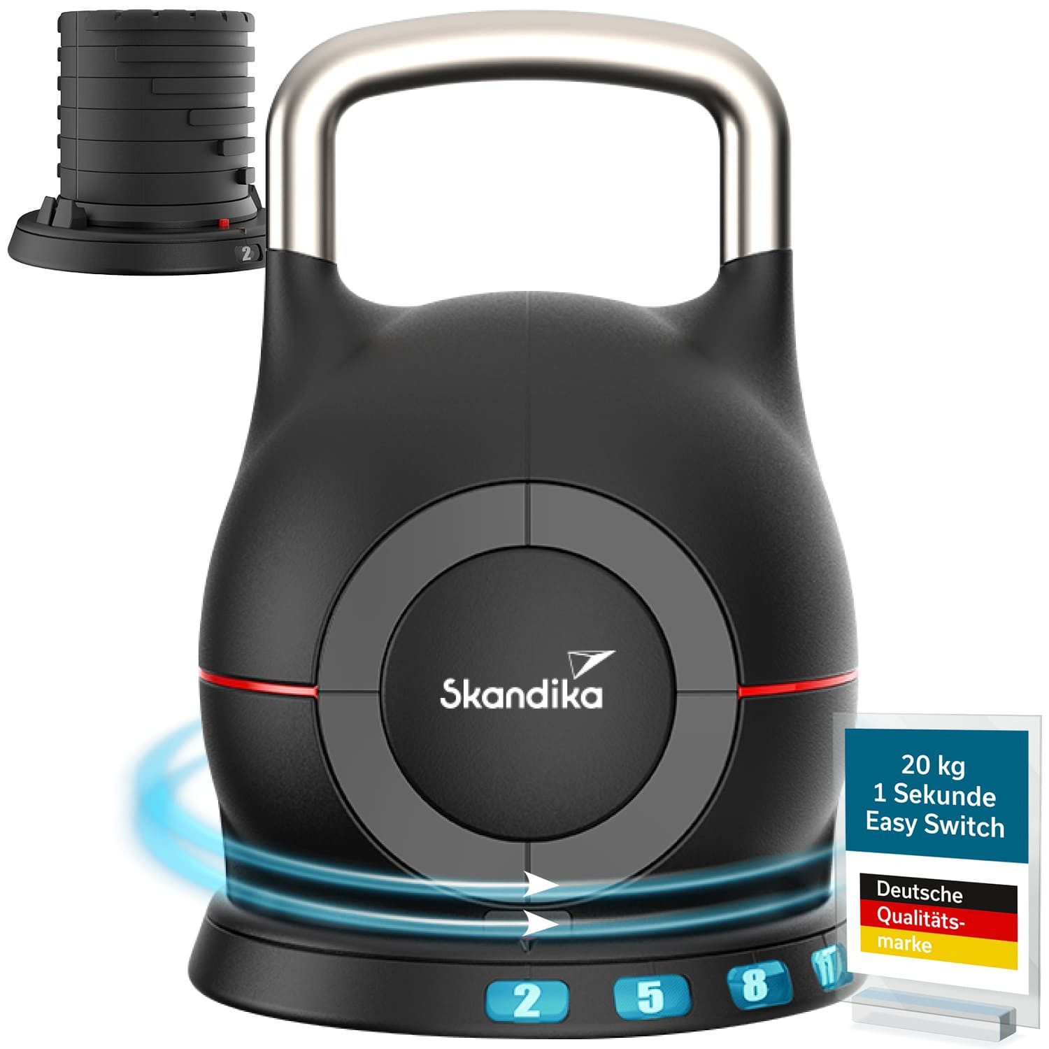 Skandika Kettlebell Paino, Kugelhantel verstellbar, 7 Stufen, 2 bis 20 kg, Hantel, All-in-One Design, Schneller Gewichte Wechsel, Kompakt, Dumbbell