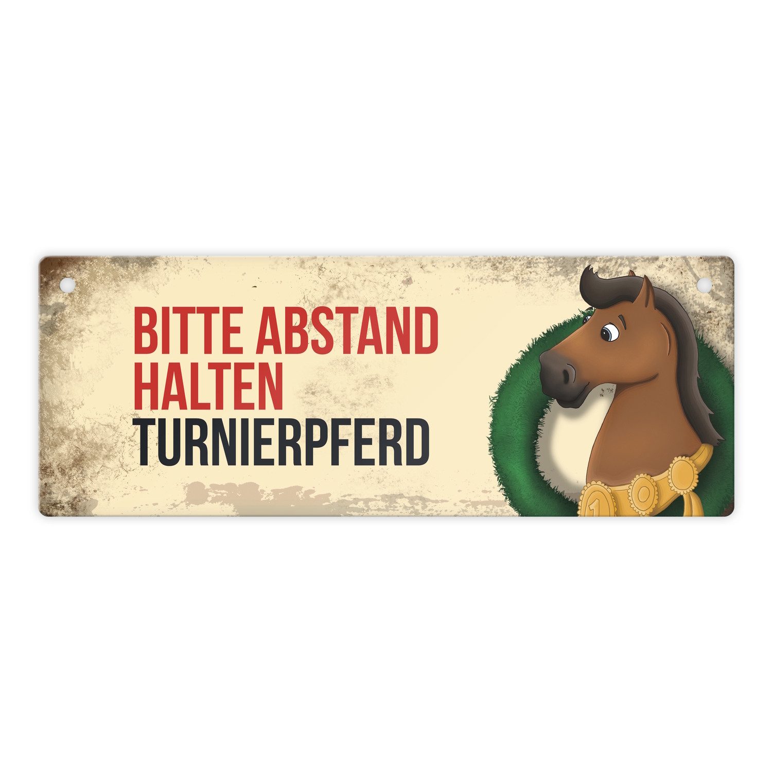 Metallschild Metallschild mit braunem Turnierpferd Motiv und Spruch: Bitte Abstand