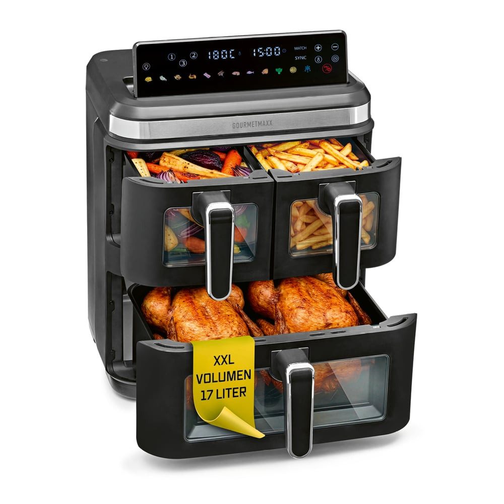 GOURMETmaxx Heißluftfritteuse GOURMETmaxx Heißluft-Fritteuse 3000W schwarz/ Edelstahl 17l 3 Frittierkammern mit Sichtfenster, 3000 W, Heissluftfritteuse LED-Klapp-Touchdisplay - Air Fryer mit Sichtfenster