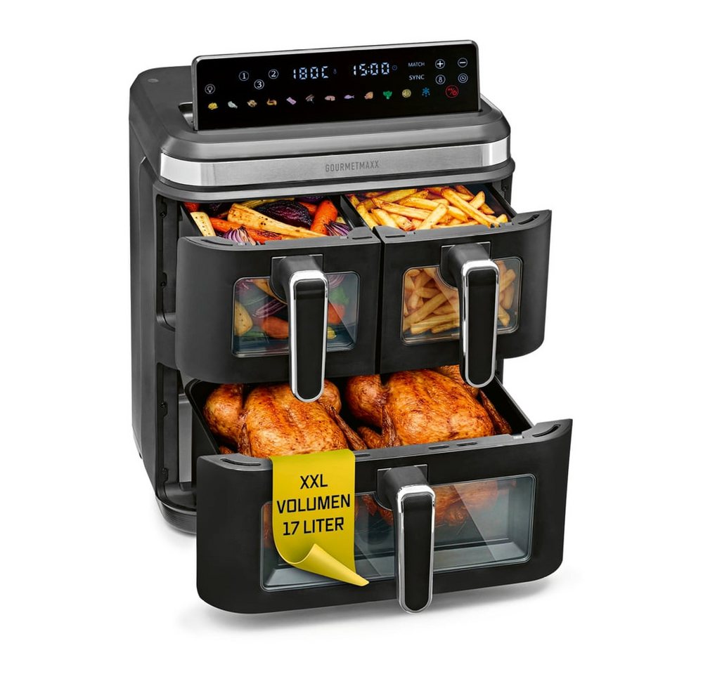 GOURMETmaxx Heißluftfritteuse GOURMETmaxx Heißluft-Fritteuse 3000W schwarz/ Edelstahl 17l 3 Frittierkammern mit Sichtfenster, 3000 W, Heissluftfritteuse LED-Klapp-Touchdisplay - Air Fryer mit Sichtfenster