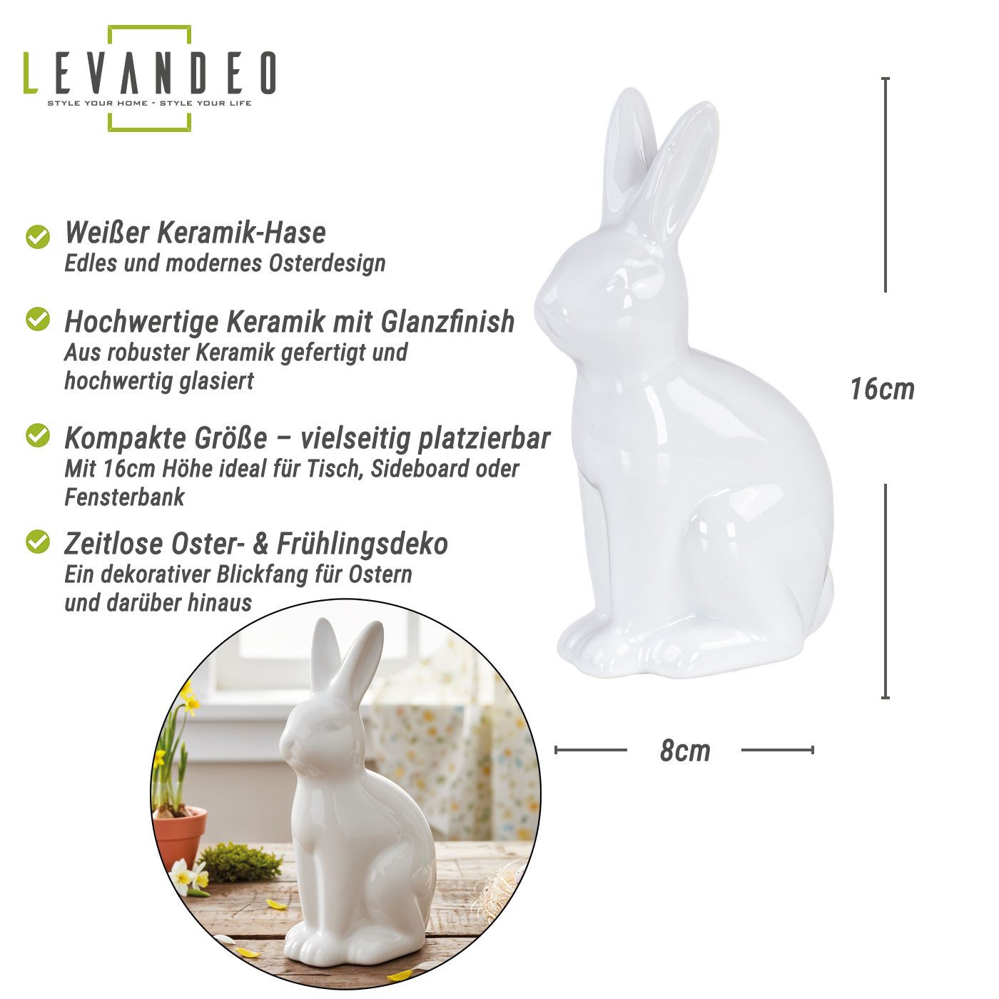 Levandeo® Osterfigur, Deko Hase H16cm Weiß Keramik Figur Ostern Aufsteller Tischdeko