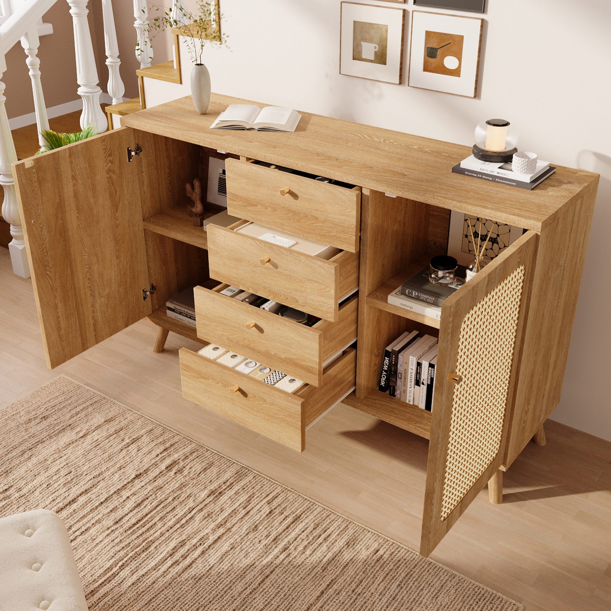 Odikalo Sideboard Kommode mit Schubladen und Rattan Optik (mit 4 Schubladen und 2 Türen Stauraumschrank in Rattan Optik mit verstellbaren Einlegeböden für Wohnzimmer Esszimmer Flur helle Eiche, B140/T40/H86 cm)