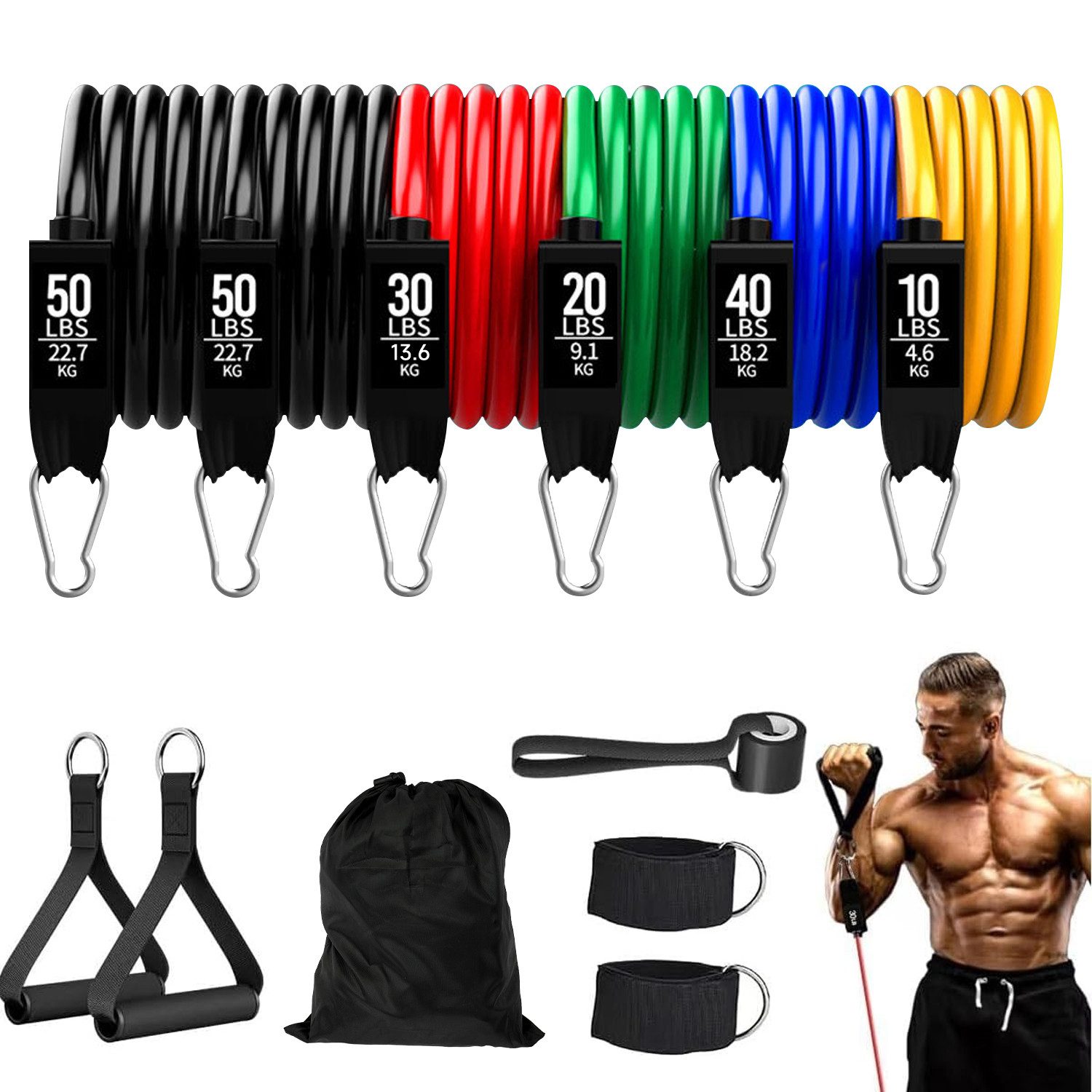 OSTWOLKE Trainingsbänder Fitnessbänder 6 Widerstandsbänder mit Türanker, Griffe, Knöchelriemen, Resistance Bands Set bis 200LBS für Muskelaufbau Krafttraining Yoga