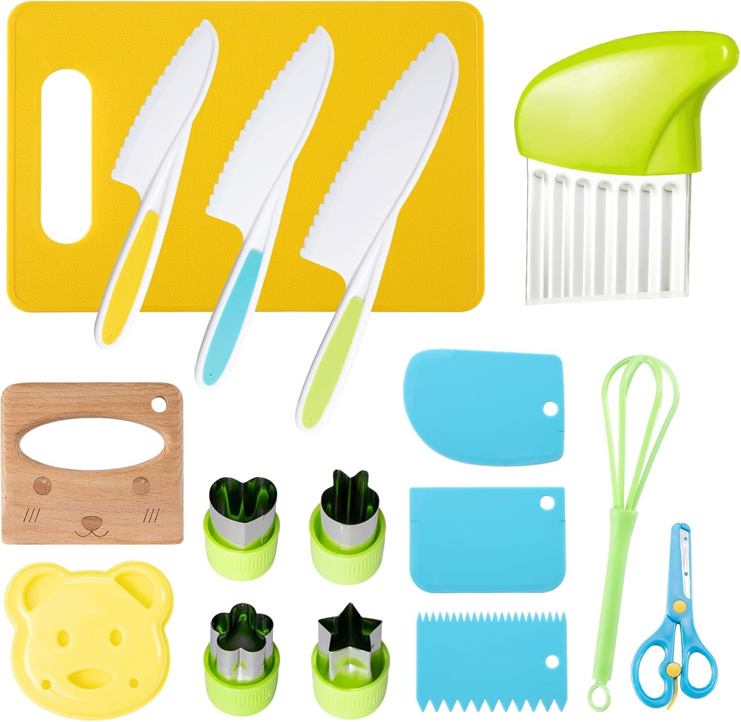LA CUTE Kinderkochmesser Montessori 16-tlg. Kindermesser-Set mit Schneidebrett & Holzmesser, Kindermesser-Set 16-tlg. aus Holz & Kunststoff, BPA-frei, sicher