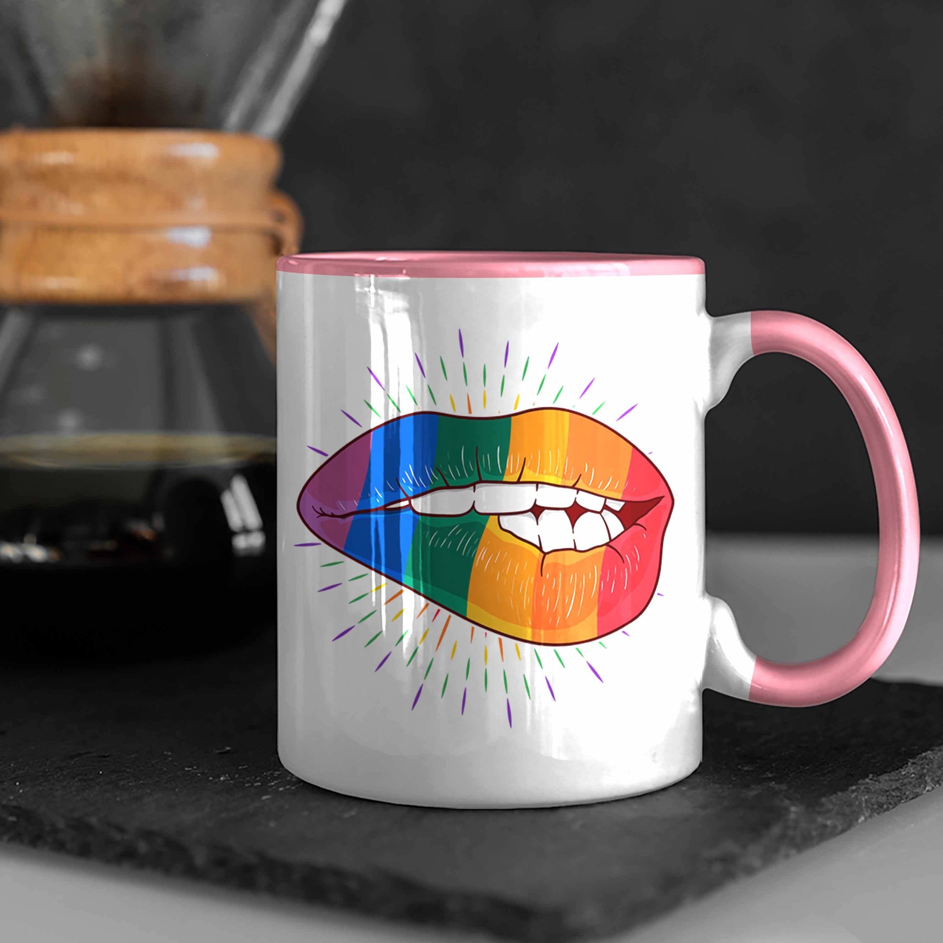 Transgender Rosa Tasse Regenbogen Lippe Lustige Lesben - Grafik Geschenk Trendation Regenbogen Trendation Bunte Tasse LGBT Schwule für