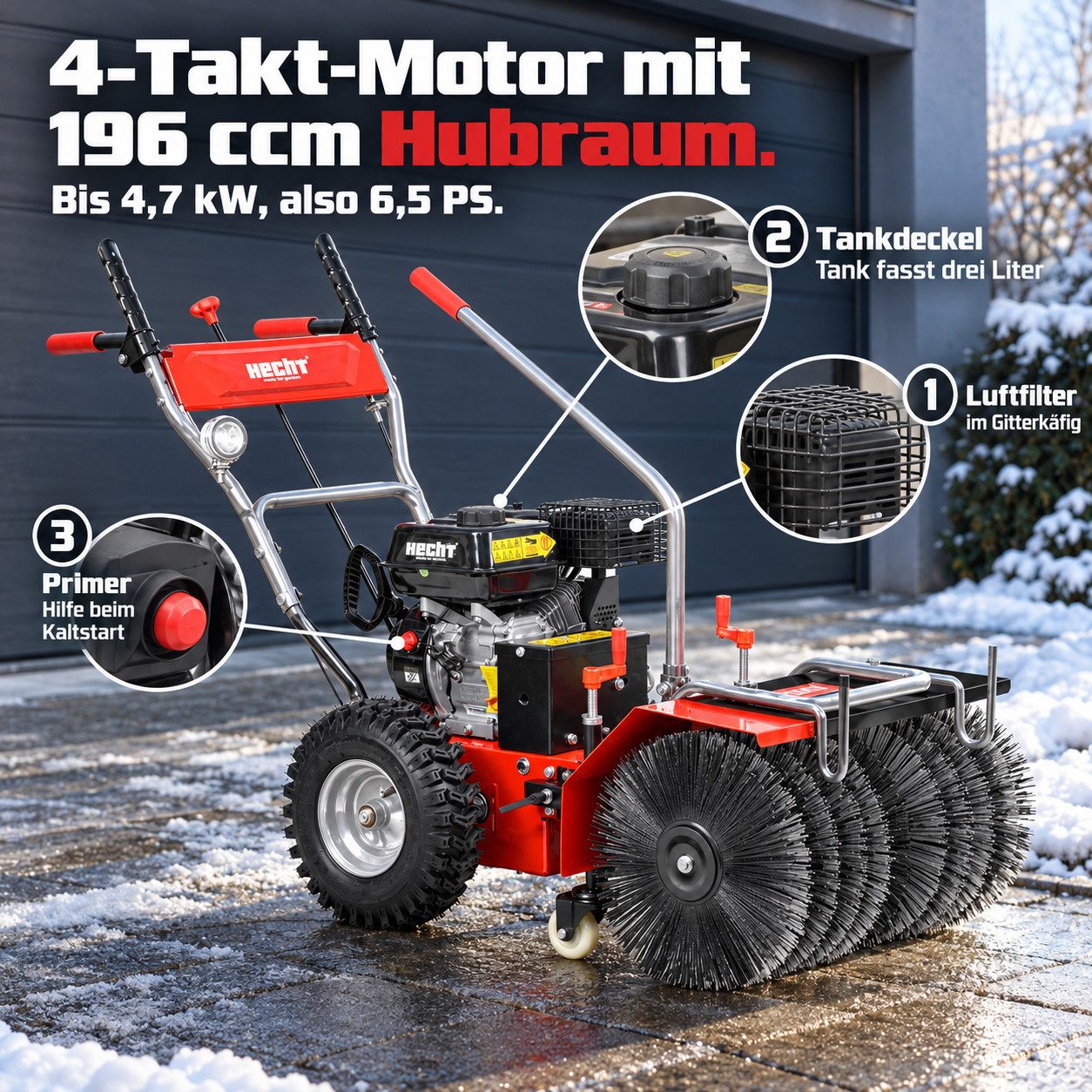Hecht Benzin-Kehrmaschine 8616 SE mit Auffangbehälter, Schneeschild, Schneefräse, 62 cm Arbeitsbreite, (4-tlg), Elektrostart, 6,5 PS. 230V – Bild 4 von 5