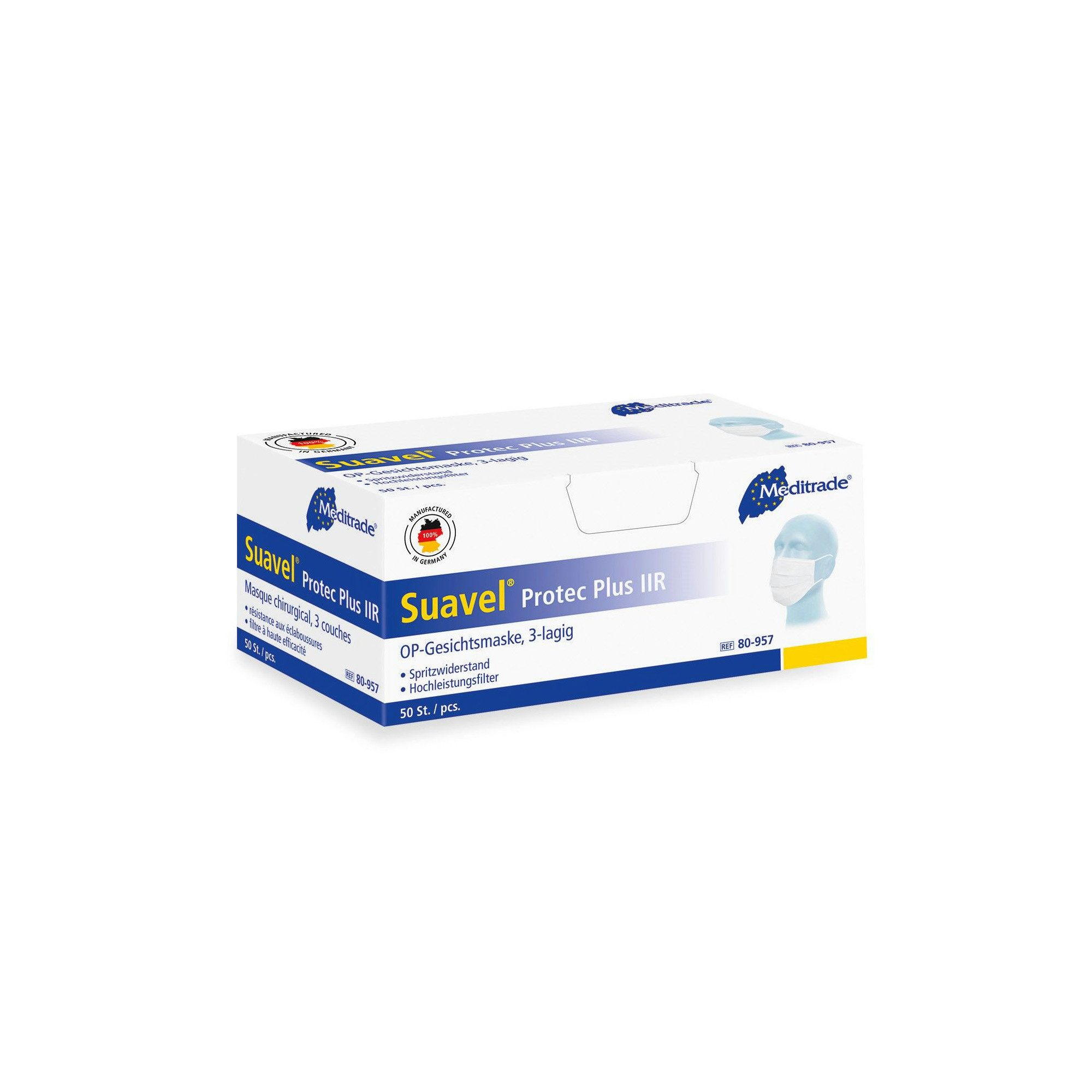 MediTrade Mund-Nasen-Masken SUAVEL® Protec Plus - OP Gesichtsmaske - 3 lagig, weiß - 50 Stück