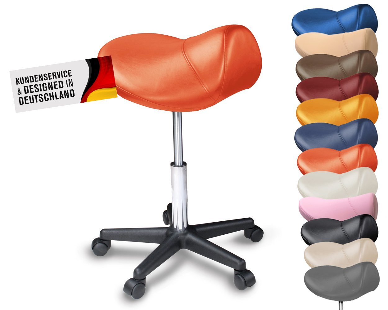 Duke-Handel Drehhocker PROMAFIT Sattelhocker & Sattelstuhl extra breit Rollhocker bis 170kg (1 St., in vielen Farben erhältlich), höhenverstellbar, ergonomisch, Rückenschonend