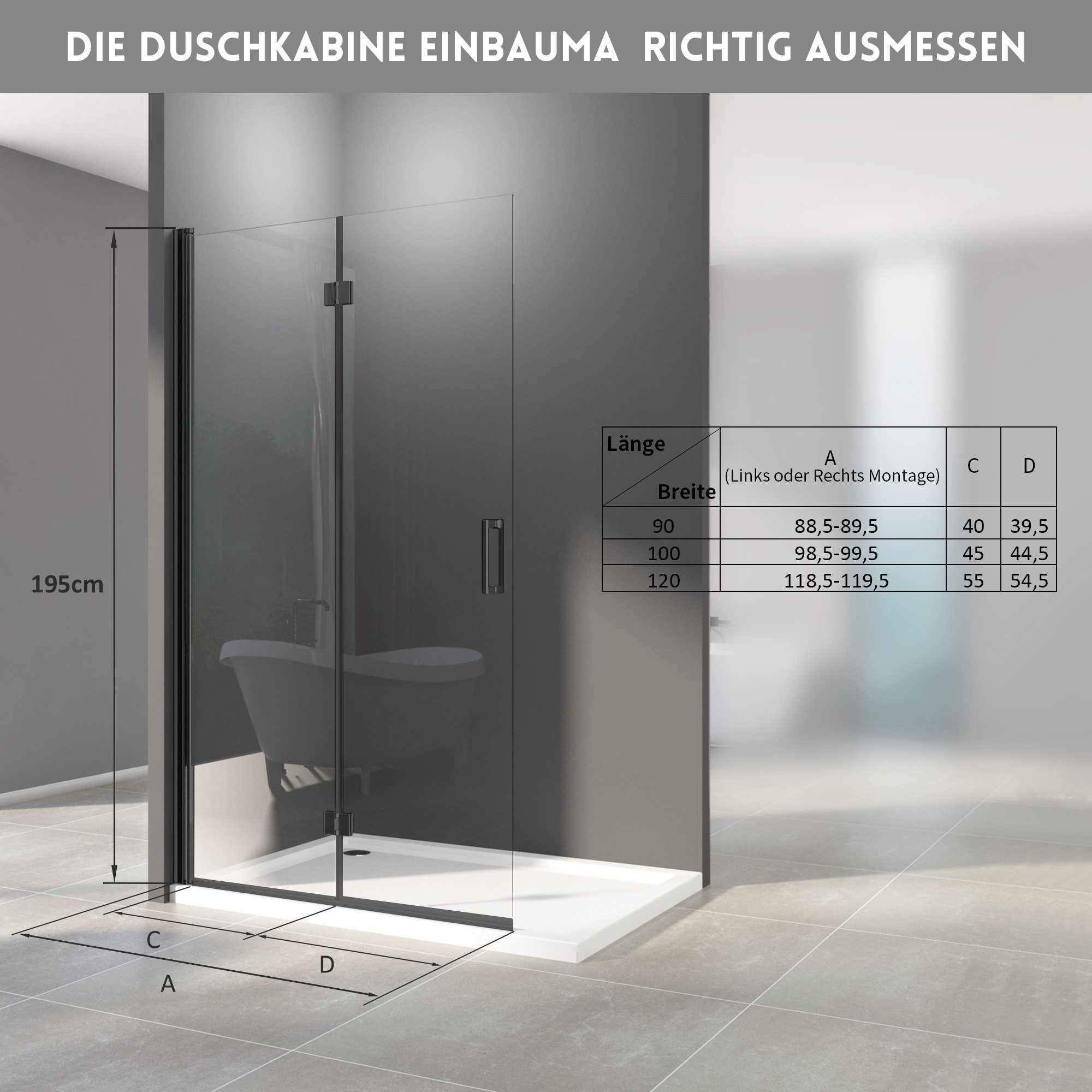 Hopibath Walk-in-Dusche Duschwand Schwarz Duschabtrennung faltbar, 5mm Nano Glas, (Falttür Rahmenlos, Höhe:195cm), 180° Faltbar, Rechts-und Links montierbar