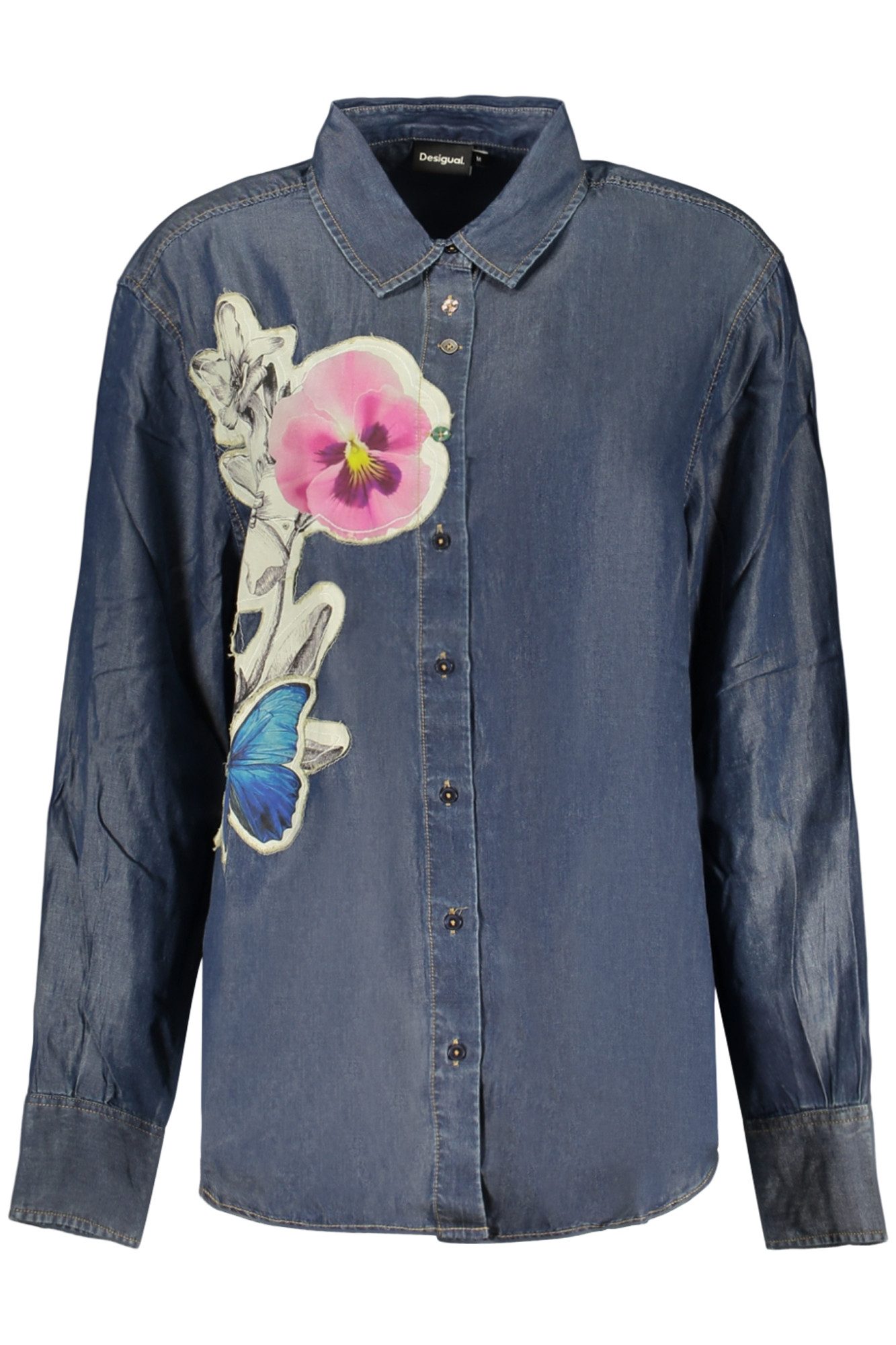Desigual Blusenshirt Damen Langarm Jeanshemd Blau mit Stickereien und