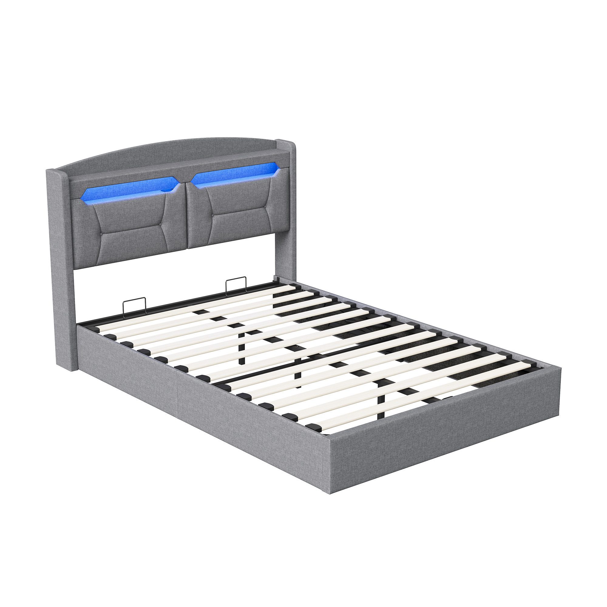 Gdood Polsterbett Doppelbett mit LED Licht 140x200cm,Hydraulisch anhebbarer Stauraumbett (1-tlg., Mit Lattenrost und Ladefunktion, Leinenmaterial Polsterbett),  – Bild 2 von 5