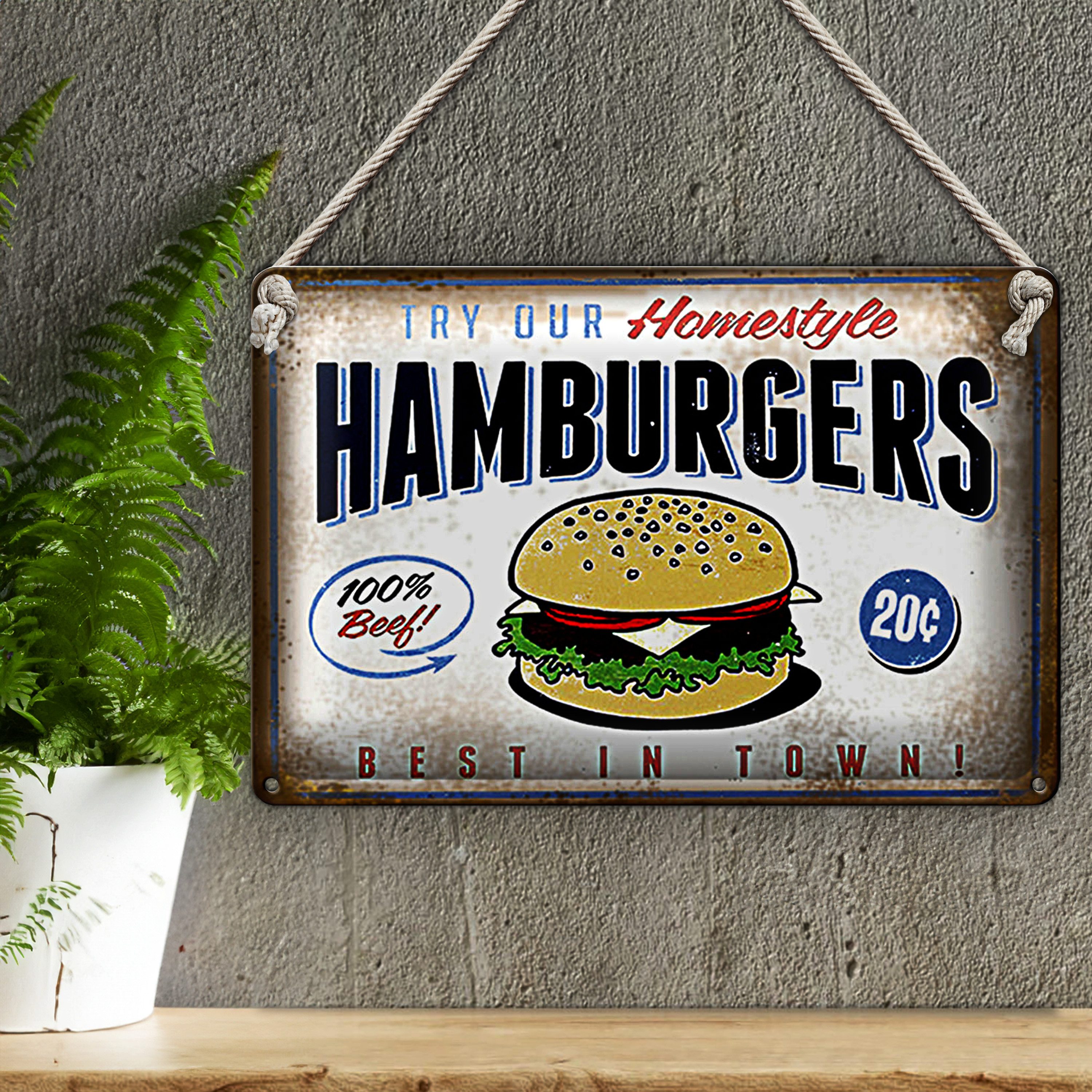 Roomando Metallschild Spruch 18x12cm Hamburger best in town 100% Beef