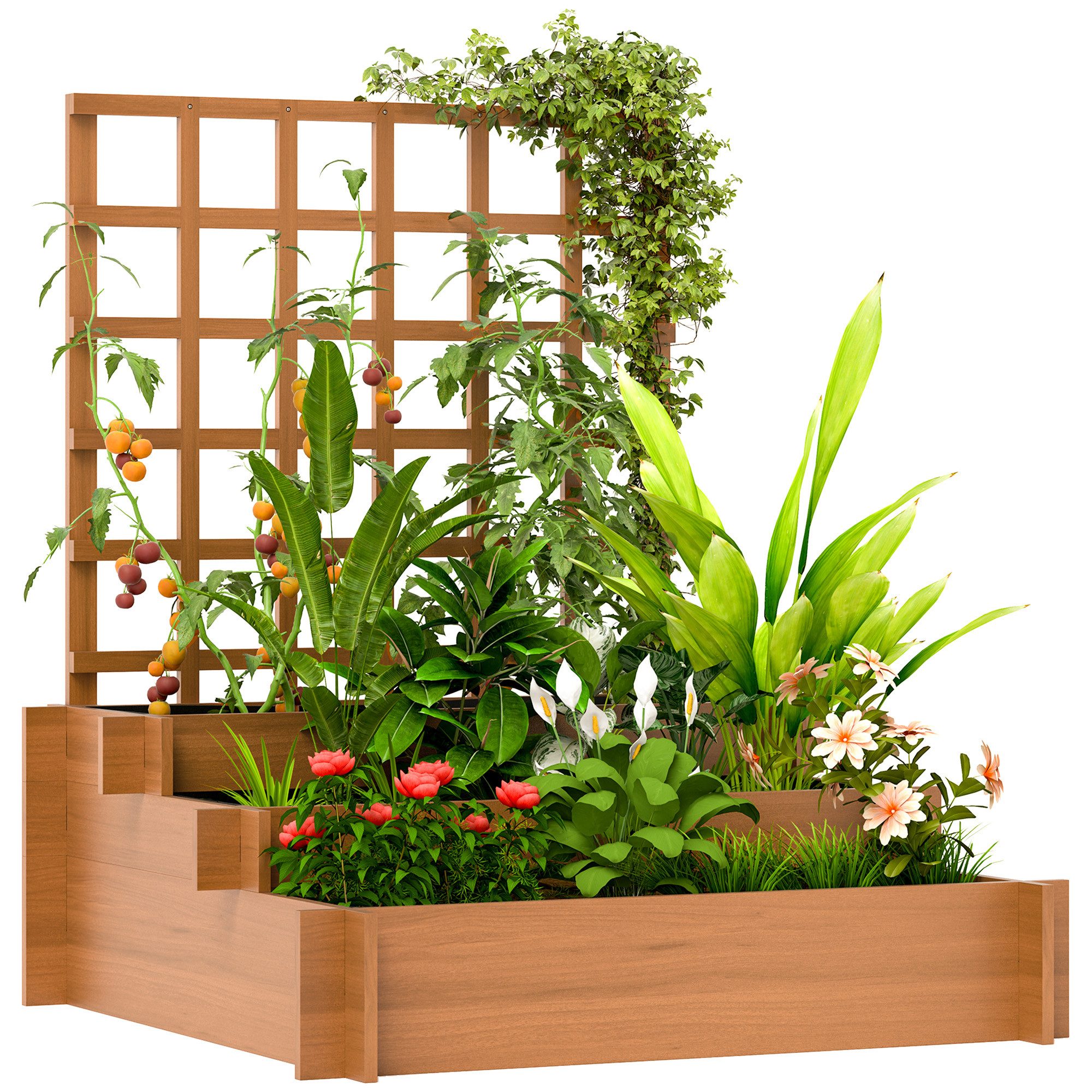 Outsunny Hochbeet mit Vliesstoff (Gemüsebeet, 1 St., 3-stufig Blumenkasten), für Garten, Balkon, Tannenholz, Braun, 95 x 95 x 110 cm