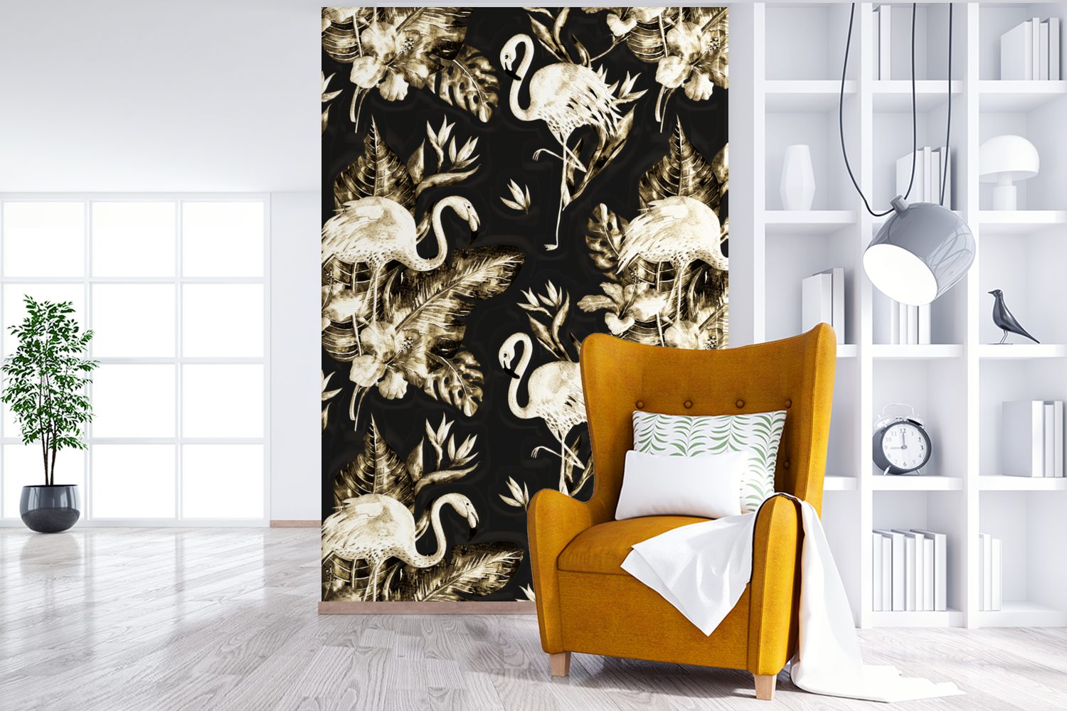 Wohnzimmer, Fototapete - Tapete bedruckt, für Vinyl Matt, Montagefertig St), - Wandtapete (3 MuchoWow Blumen Flamingo, Gold