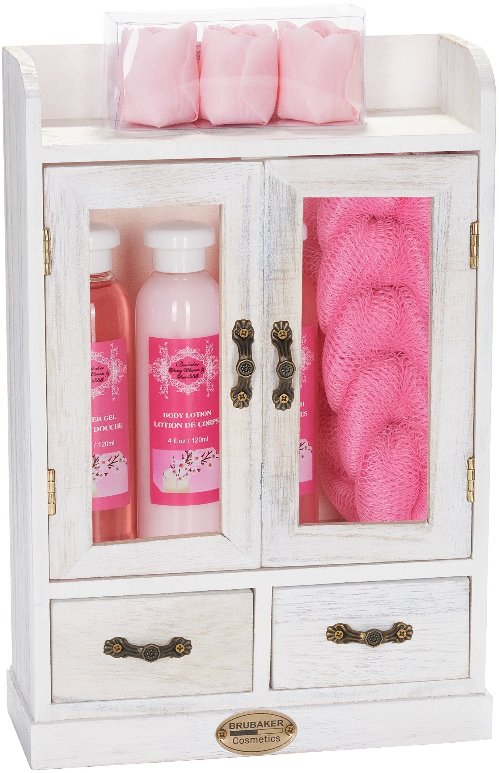 BRUBAKER Hautreinigungs-Set Bade- und Dusch Set, Badeset mit Kirsch Duft, Pflegeset, 10-tlg., Frauen Geschenkset im Vintage-Schränkchen, reinigend und pflegend