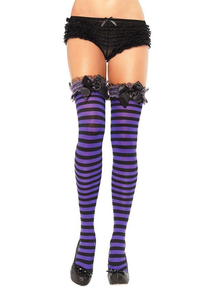 Leg Avenue Socken Hexen Overknees - Halloween Strumpfhosen Damen Lange, gestreifte Гольфи mit Blumenbinde