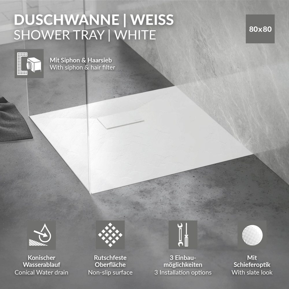 LuxeBath Duschwanne Duschtasse Brausetasse mit Ablaufgarnitur und Anti-Rutsch-Oberfläche, Quadratische Brausewanne 80x80cm mit Siphon Weiß H:30 mm extra flache